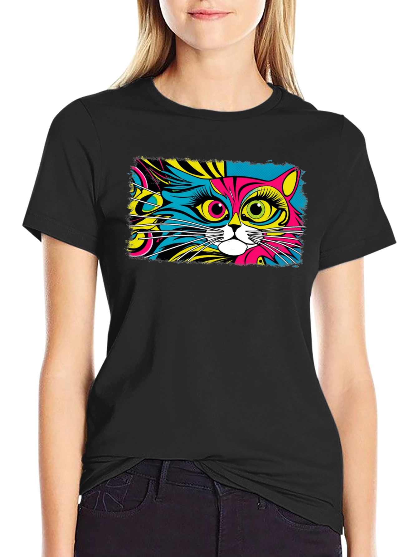 Black Psychedelic Cat Graphic Black T-Shirt view 2