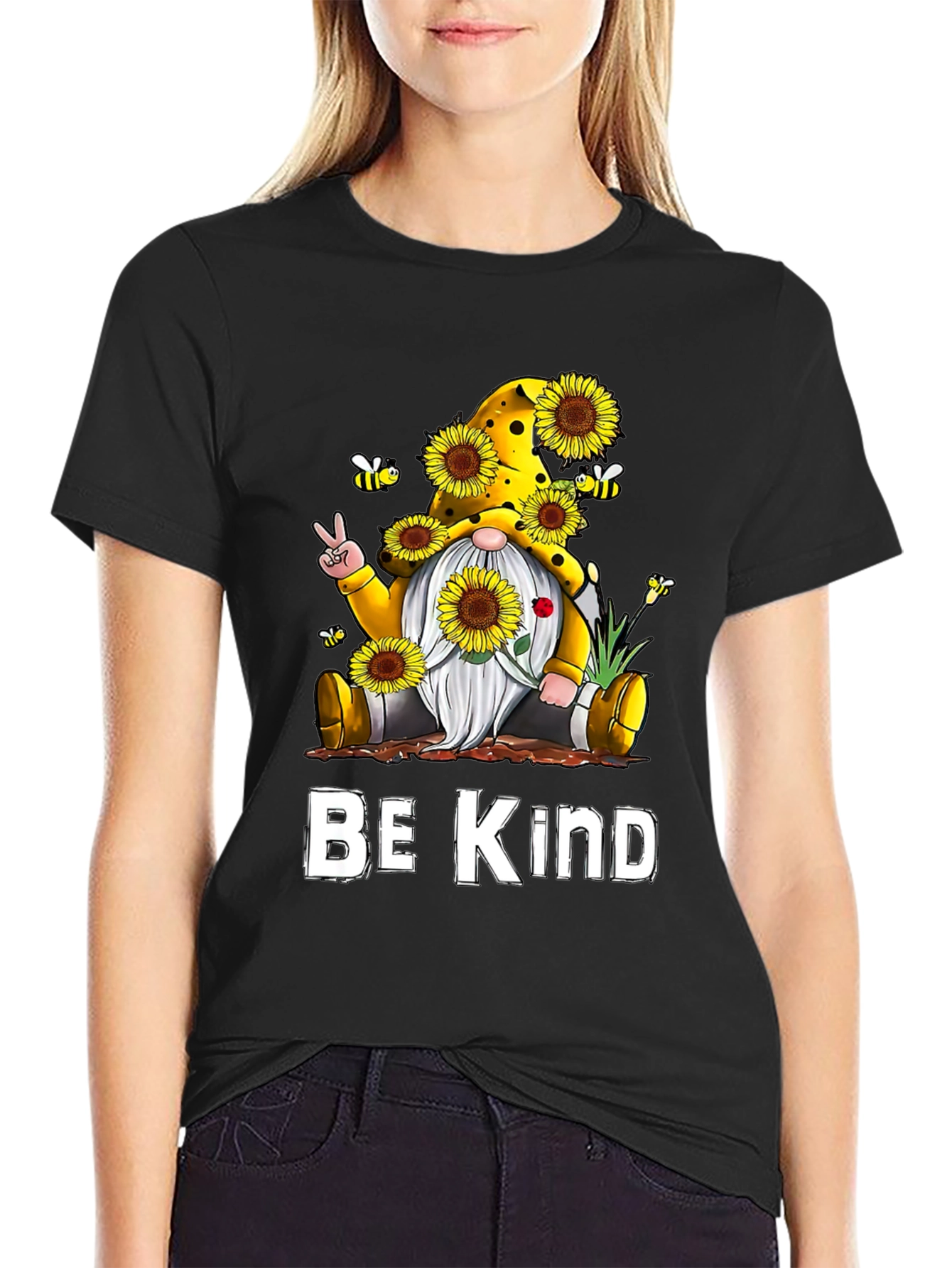 Black Be Kind Gnome Sunflower Graphic Tee view 2