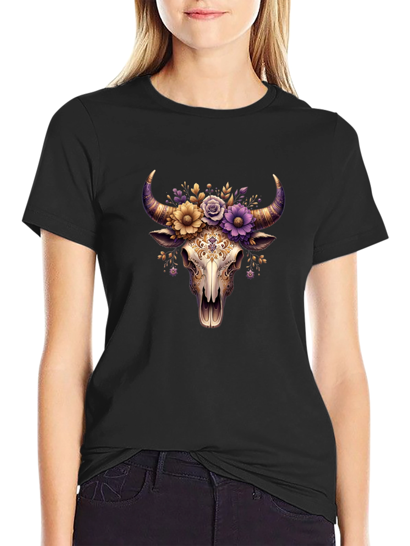 Black Floral Bull Skull Graphic Tee view 2