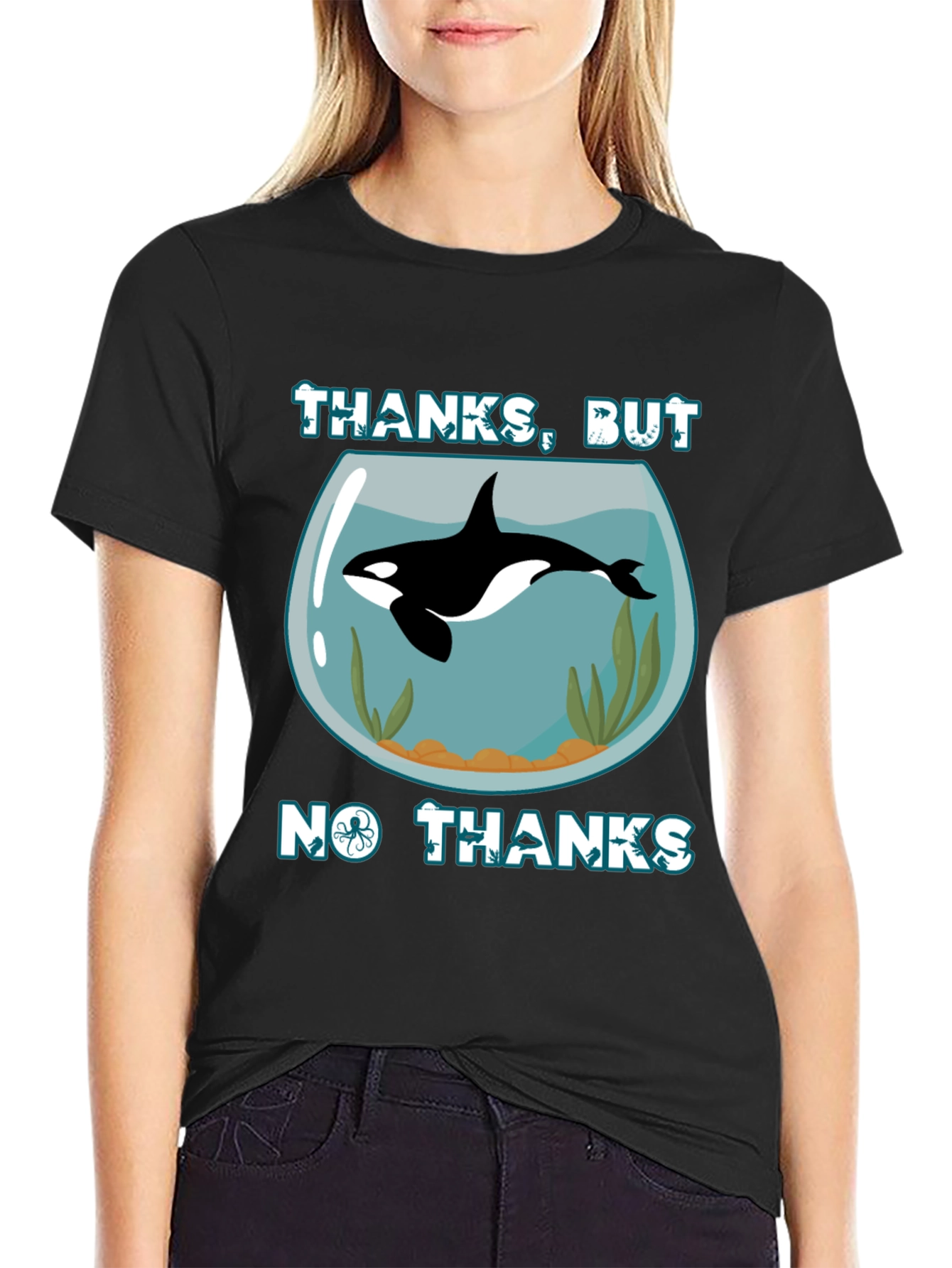 Black Humorous Orca Aquarium Graphic T-Shirt view 2
