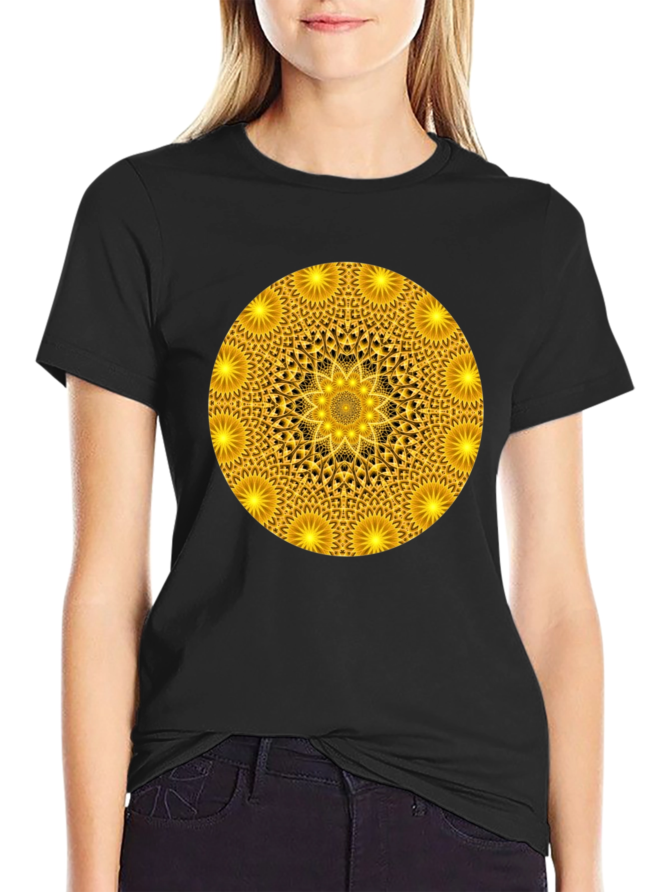 Black Golden Mandala Graphic T-Shirt - Black Crew Neck Tee view 2