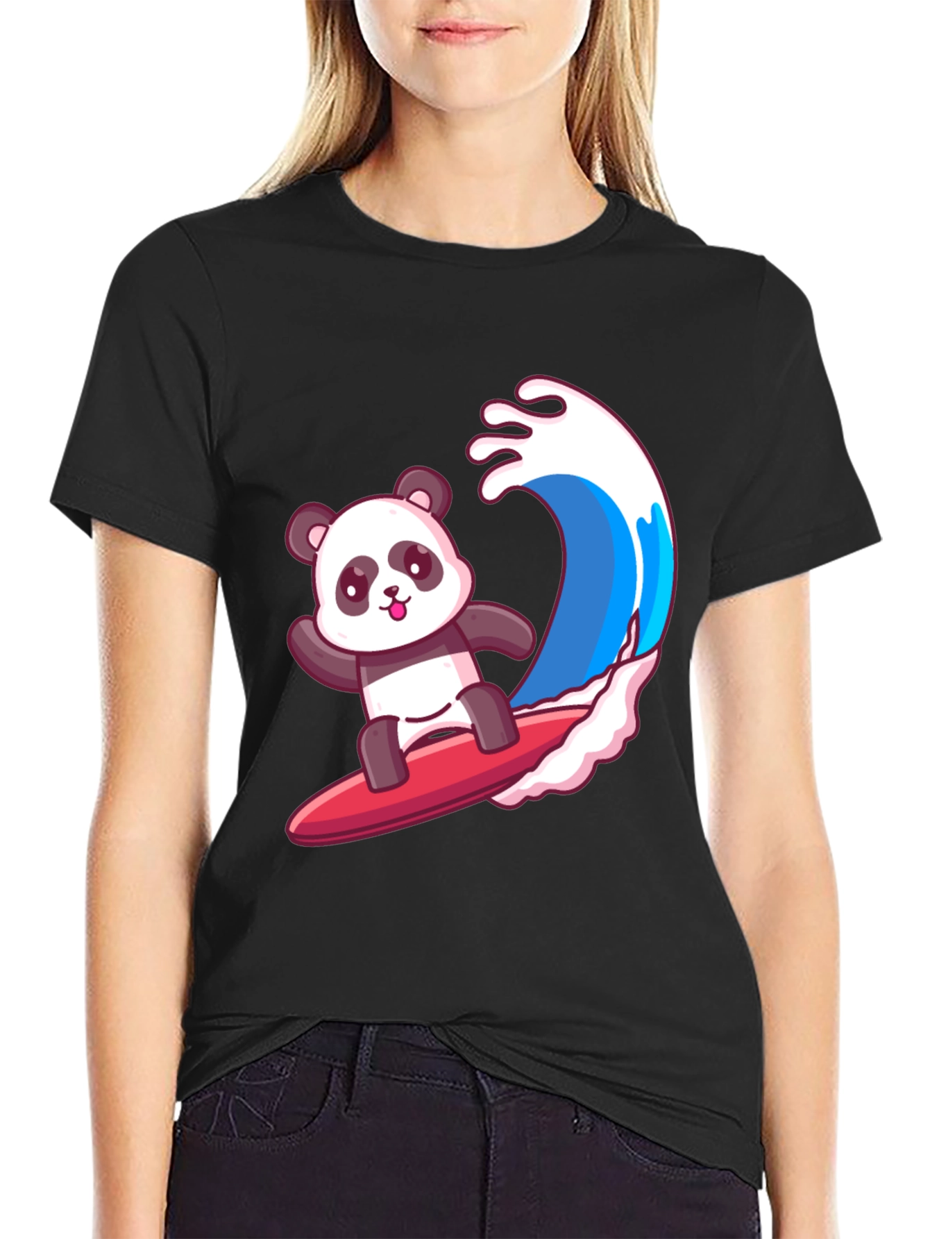 Black Surfing Panda Graphic Tee - Black Cotton Shirt view 2