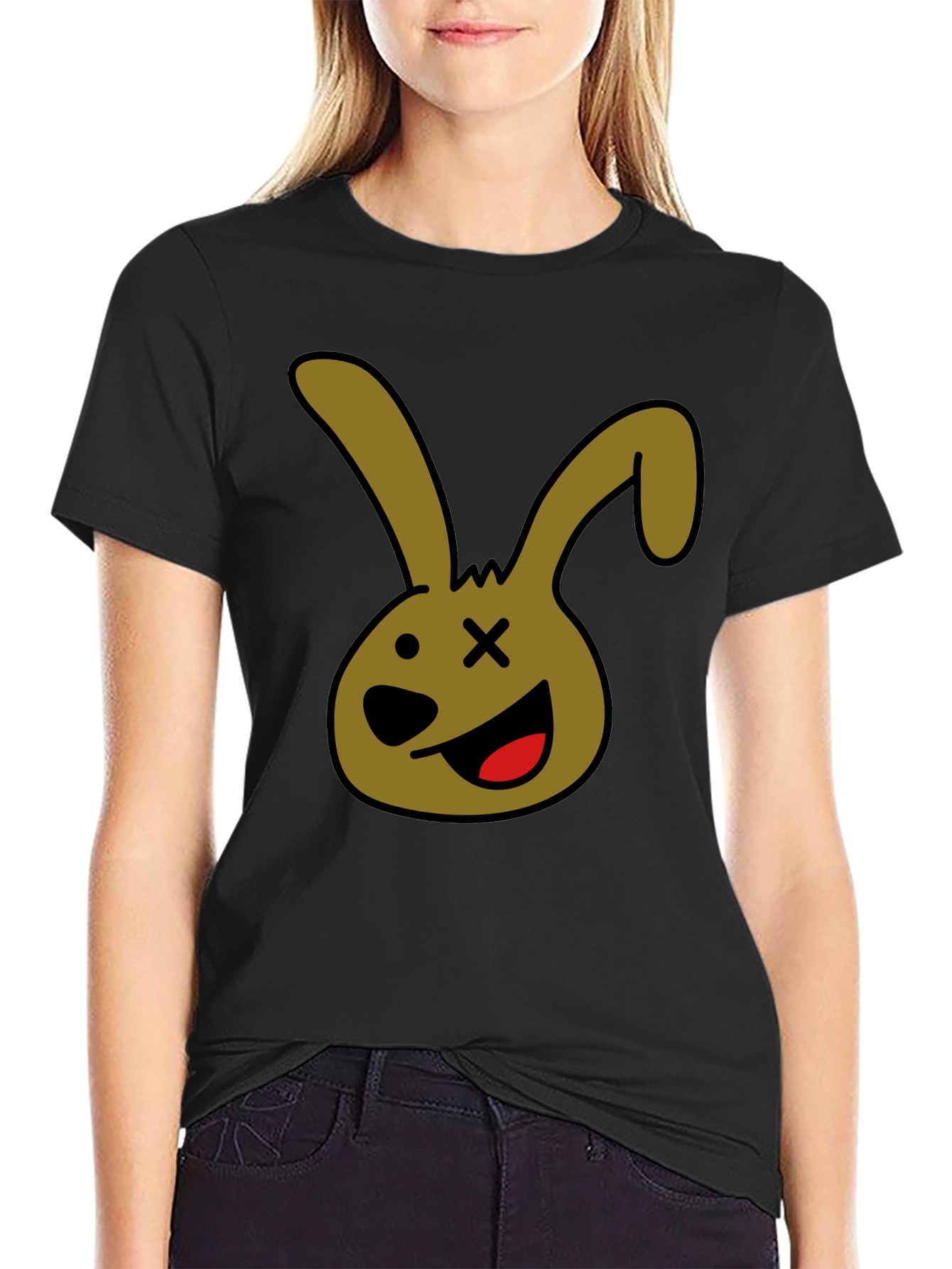Black Cartoon Bunny Graphic Tee - Black Unisex T-Shirt view 2