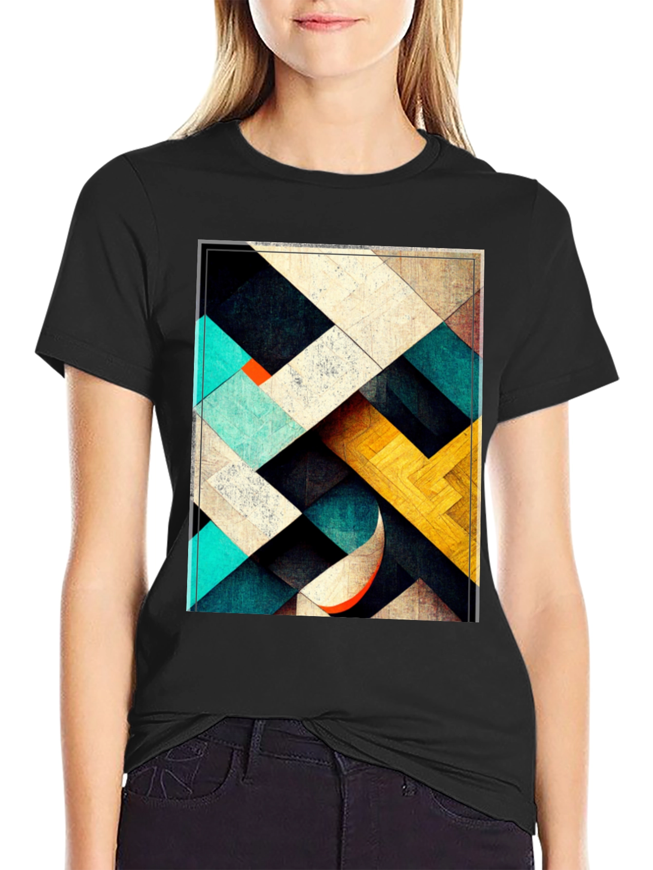 Black Geometric Patterned Black T-Shirt view 2