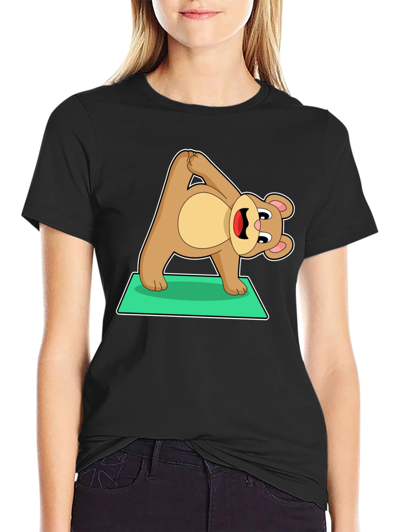Black Yoga Bear Graphic Tee - Cute Exercise Cartoon Shirt view 2