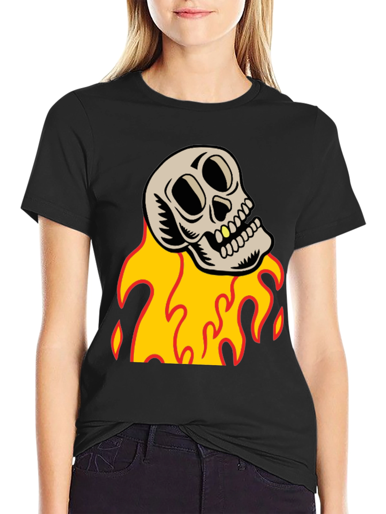 Black Skull on Fire Graphic Tee - Black Cotton T-Shirt view 2