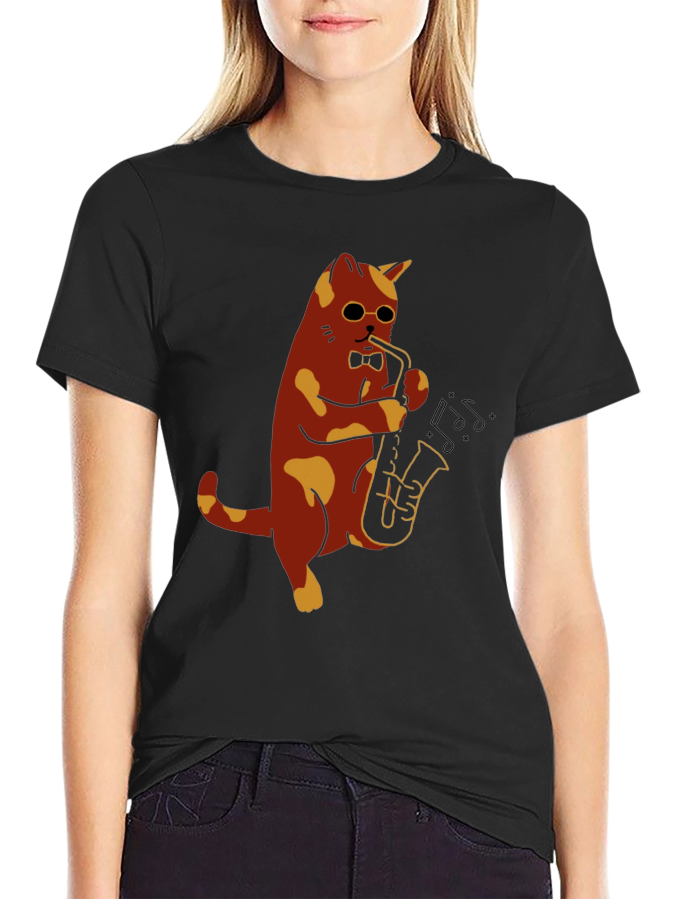 Black Cat Saxophone Player Graphic T-Shirt view 2