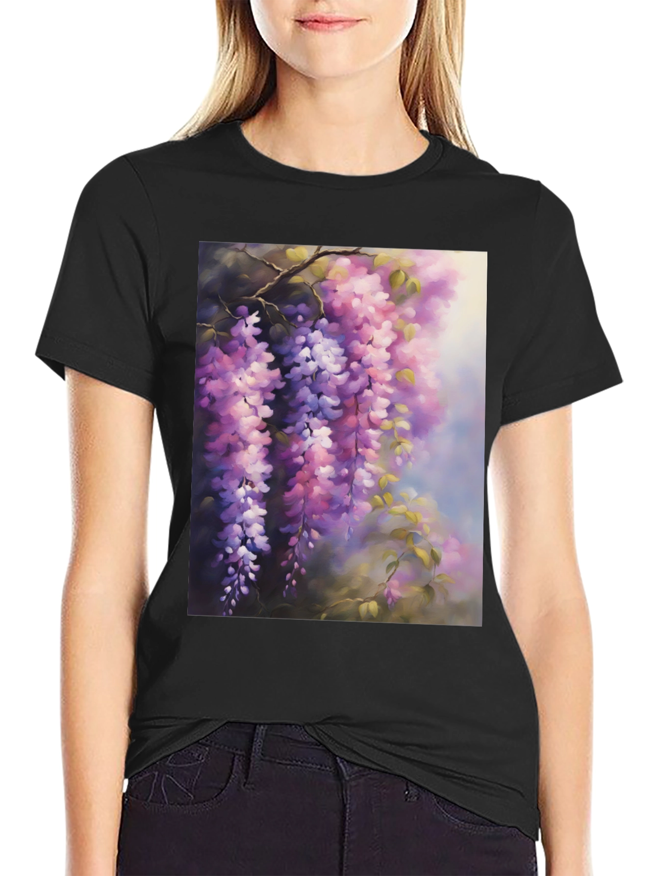 Black Floral Wisteria Print Black T-Shirt view 2