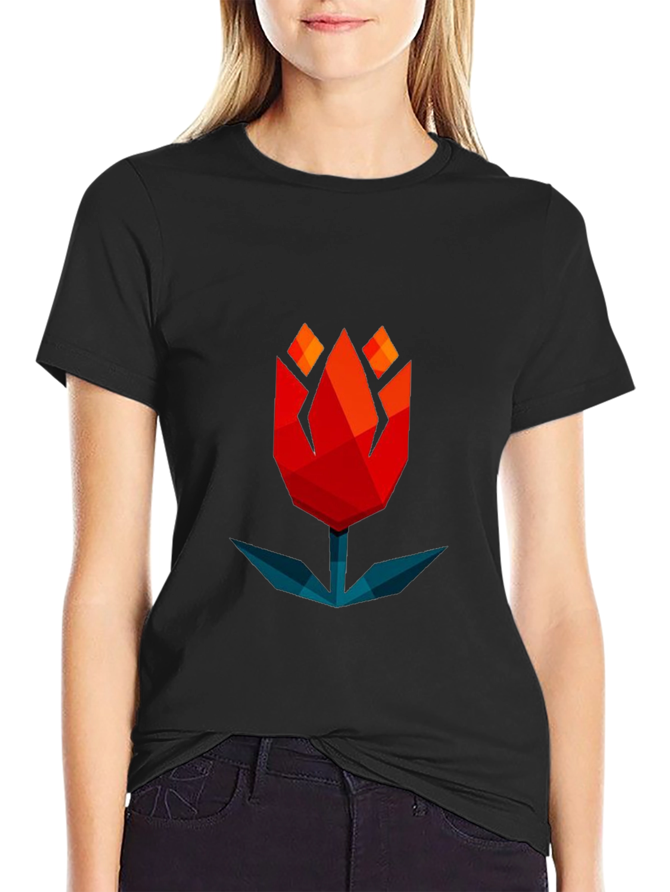 Black Geometric Tulip Graphic Tee - Modern Black T-Shirt view 2