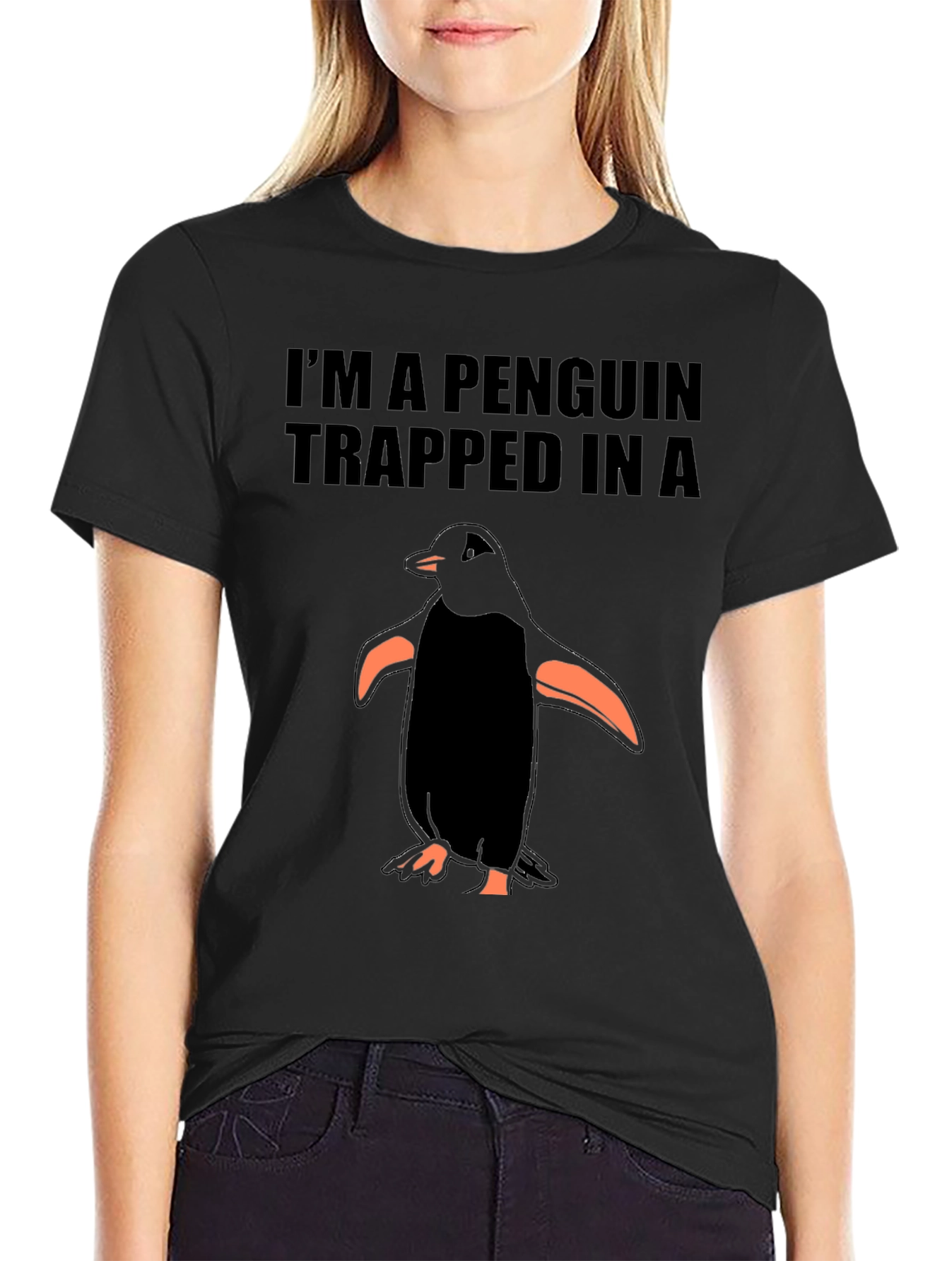 Black Penguin Trapped T-Shirt - Funny Graphic Tee view 2