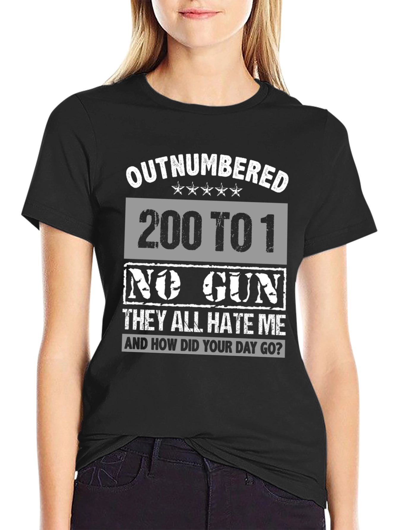 Black Outnumbered Funny Graphic T-Shirt view 2