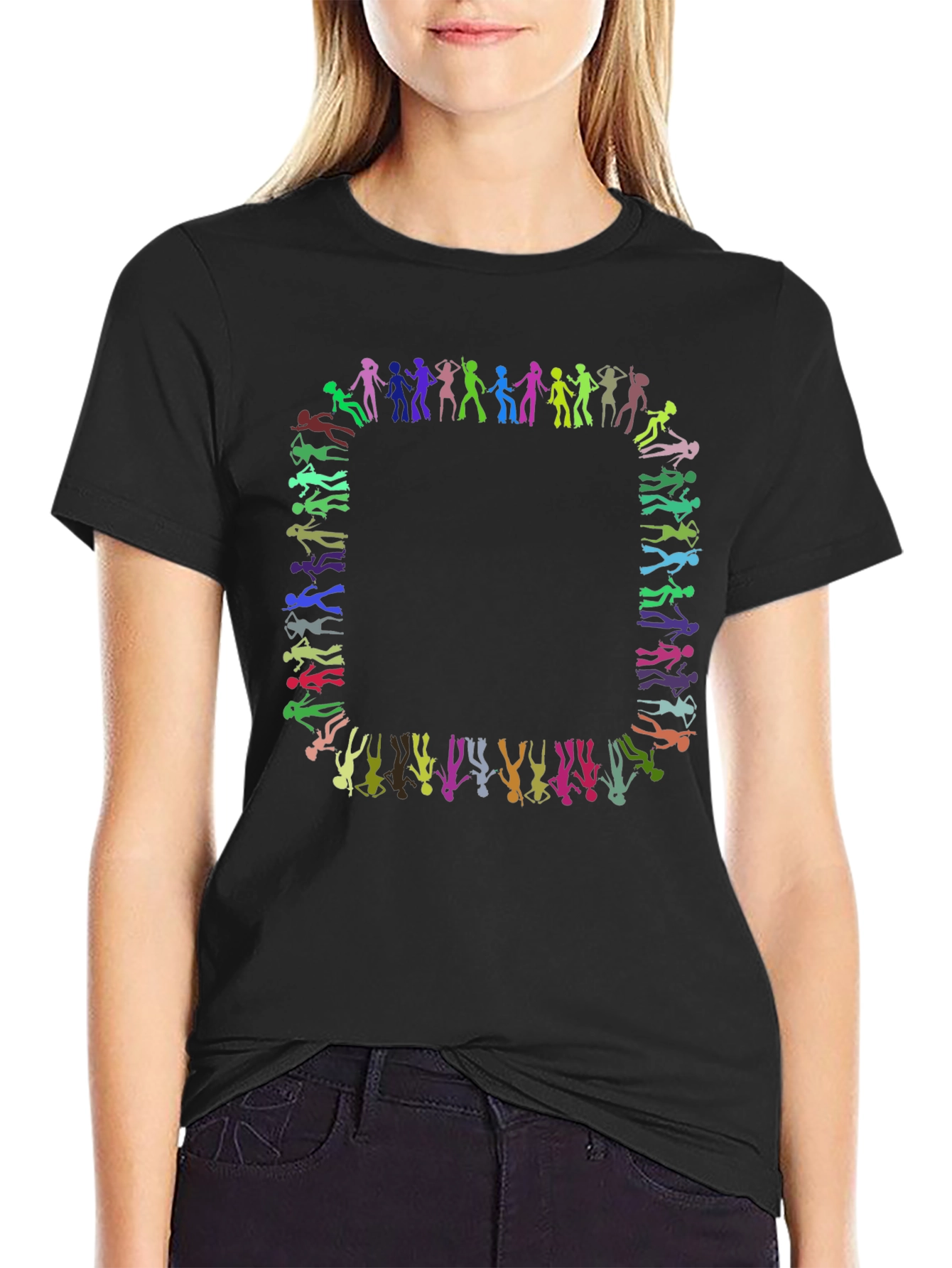 Black Colorful Silhouette People Pattern Black T-Shirt view 2