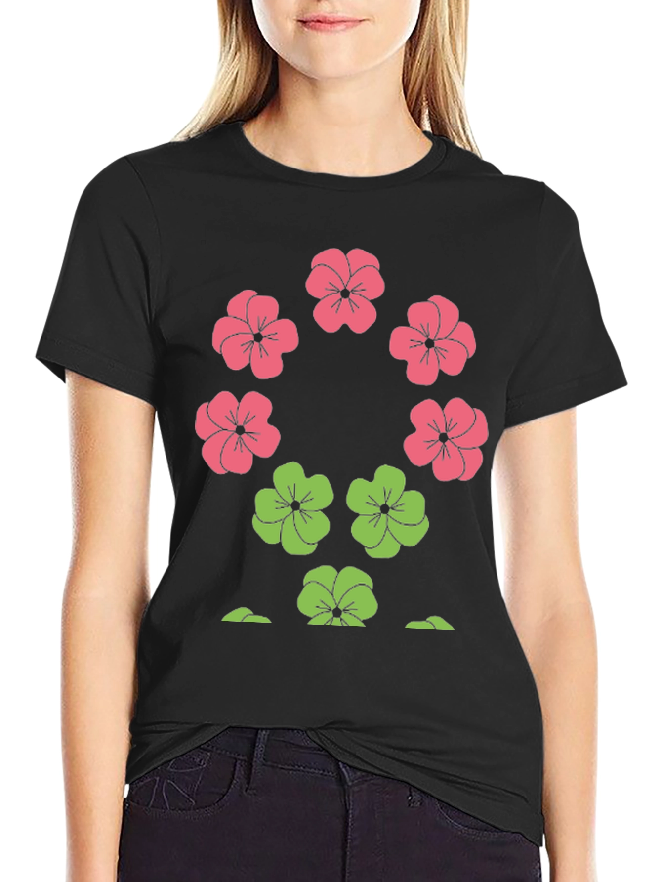 Black Floral Print Crew Neck T-Shirt view 2