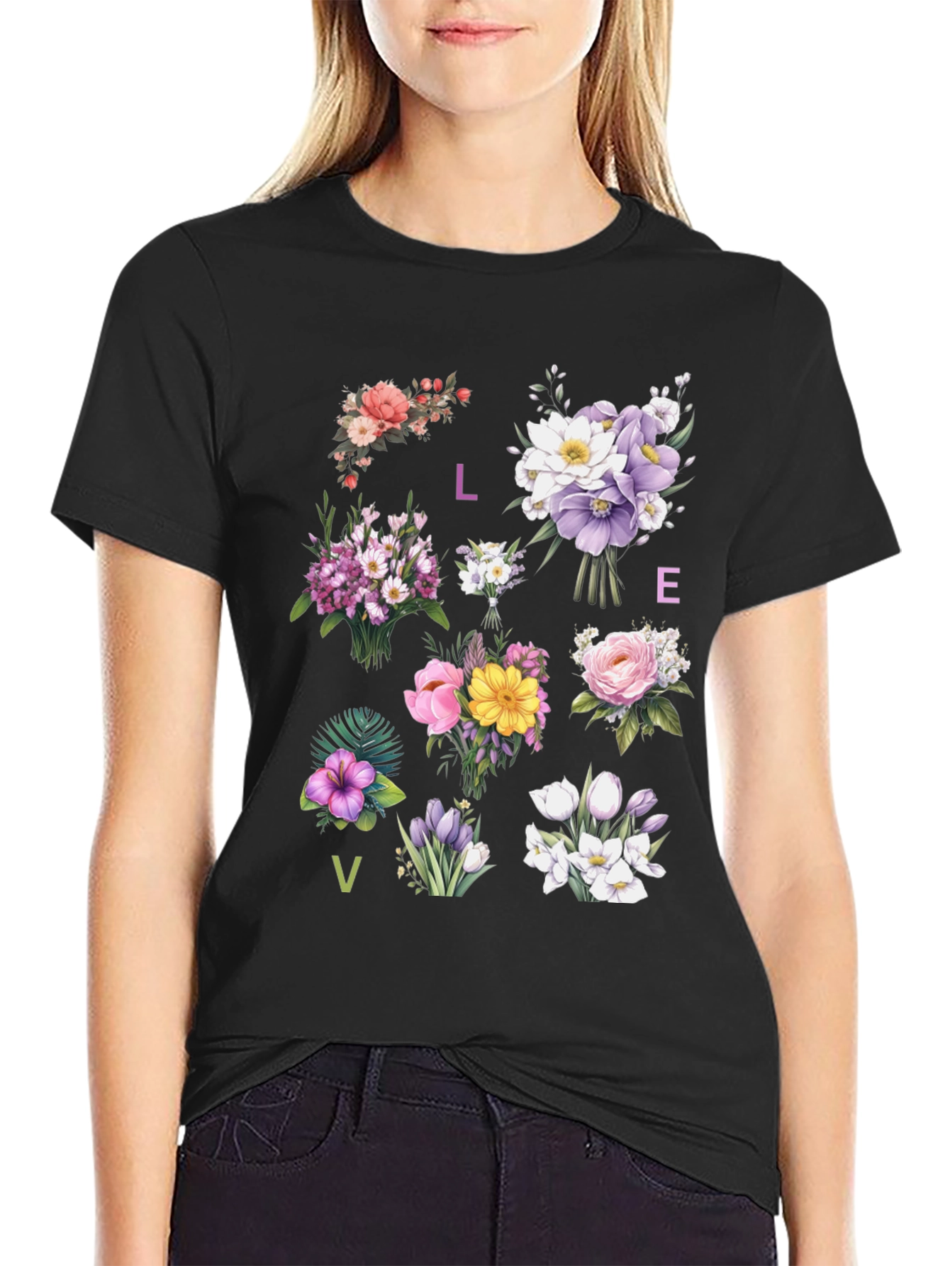 Black Floral LOVE T-Shirt - Botanical Graphic Tee view 2