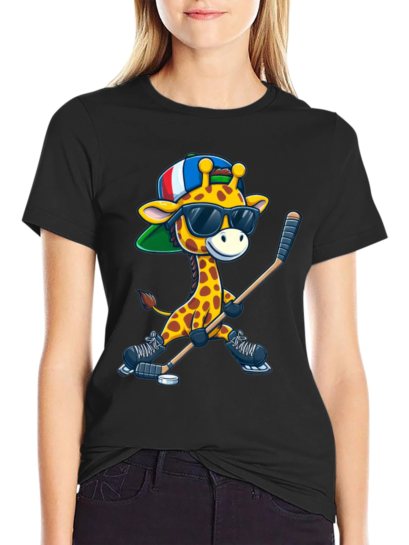 Black Giraffe Hockey Player Graphic Tee view 2