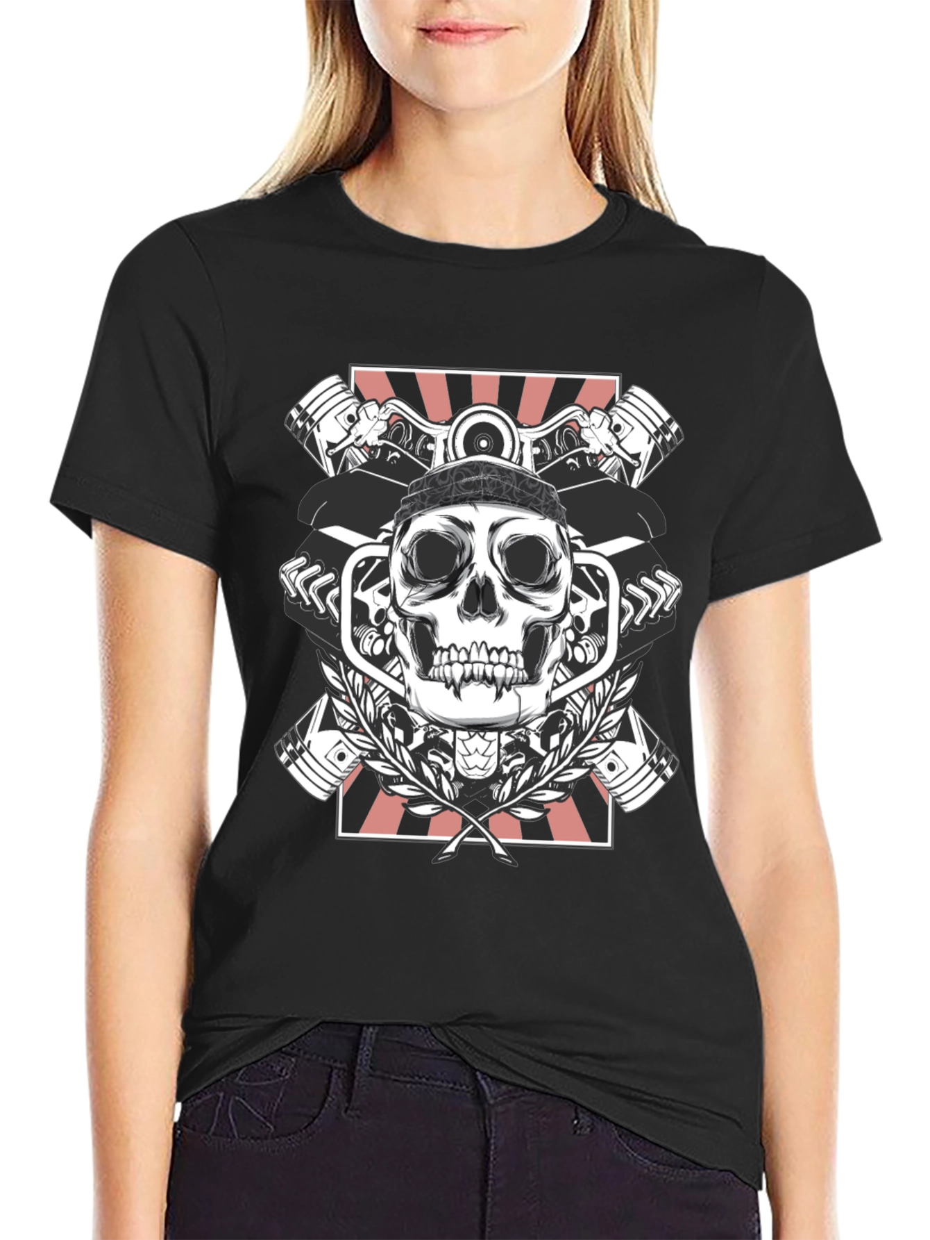 Black Skull & Pistons Graphic Tee - Black view 2