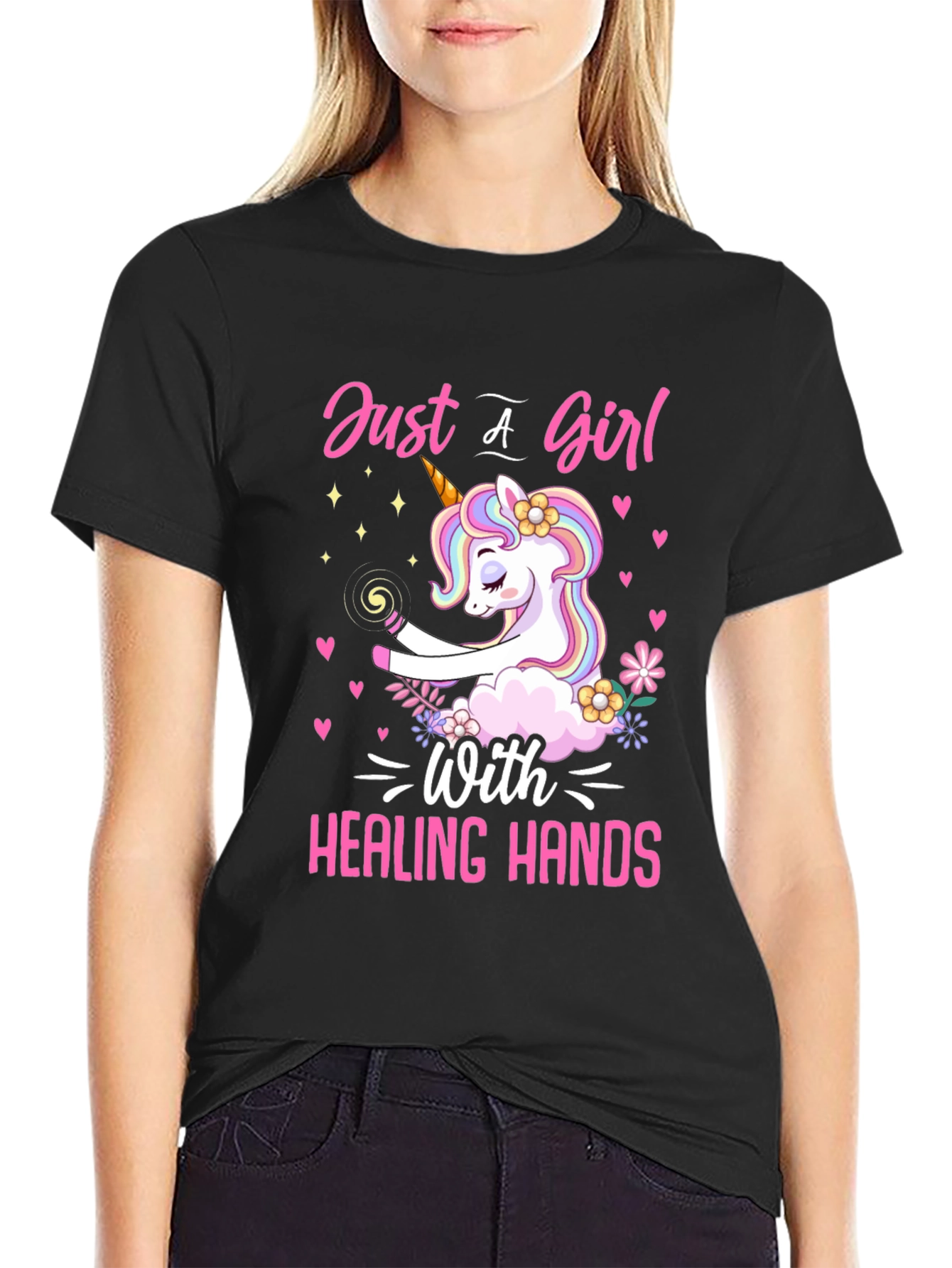 Black Unicorn Healing Hands Graphic T-Shirt view 2