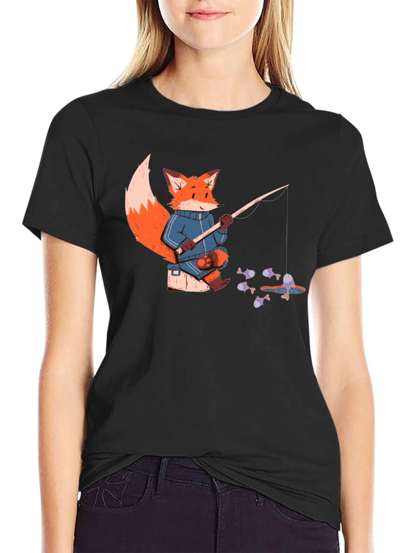 Black Fox Fishing T-Shirt - Cartoon Angler Tee view 2
