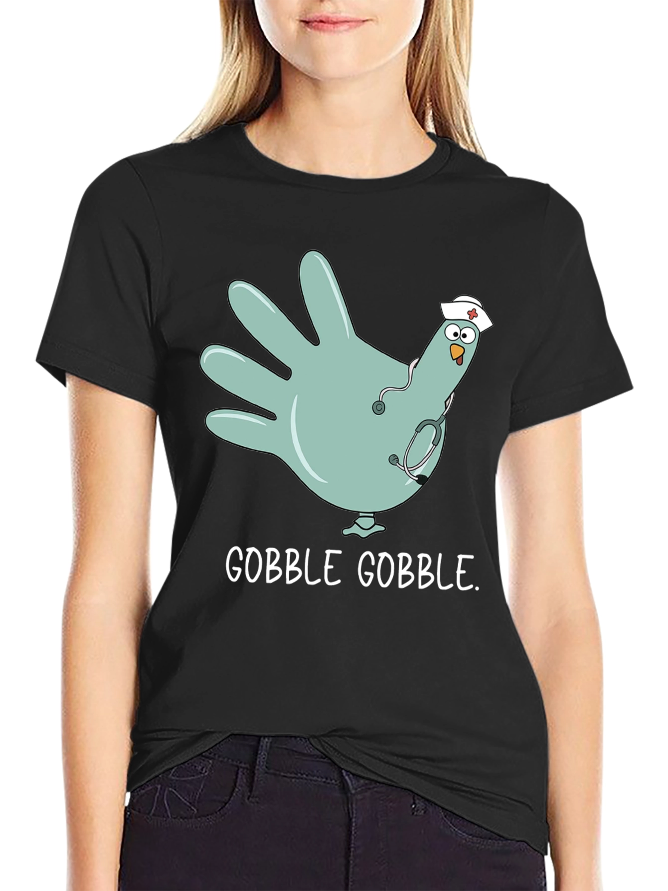Black Gobble Gobble Nurse Turkey Hand T-Shirt view 2