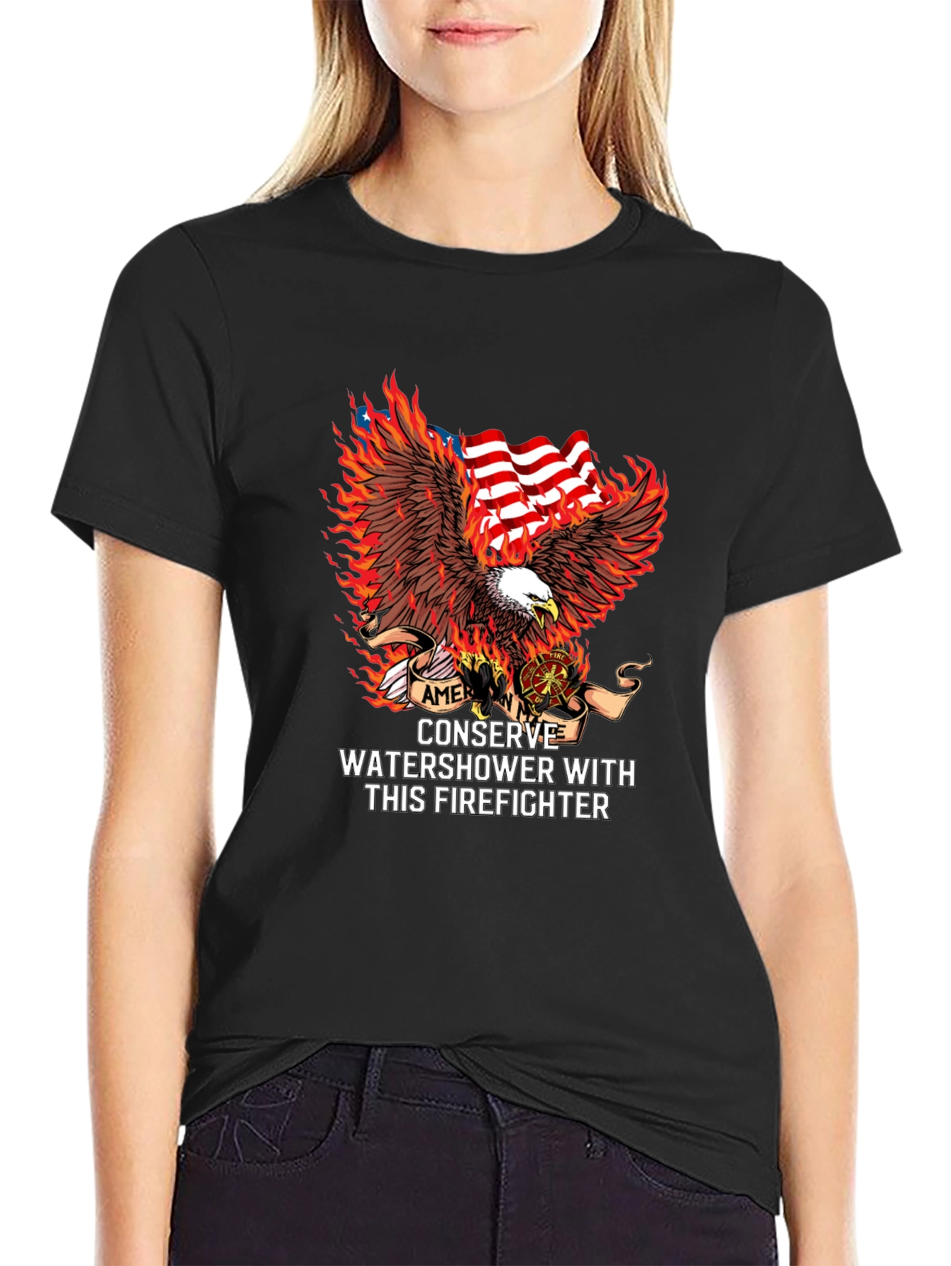 Black American Firefighter Eagle Graphic Tee view 2