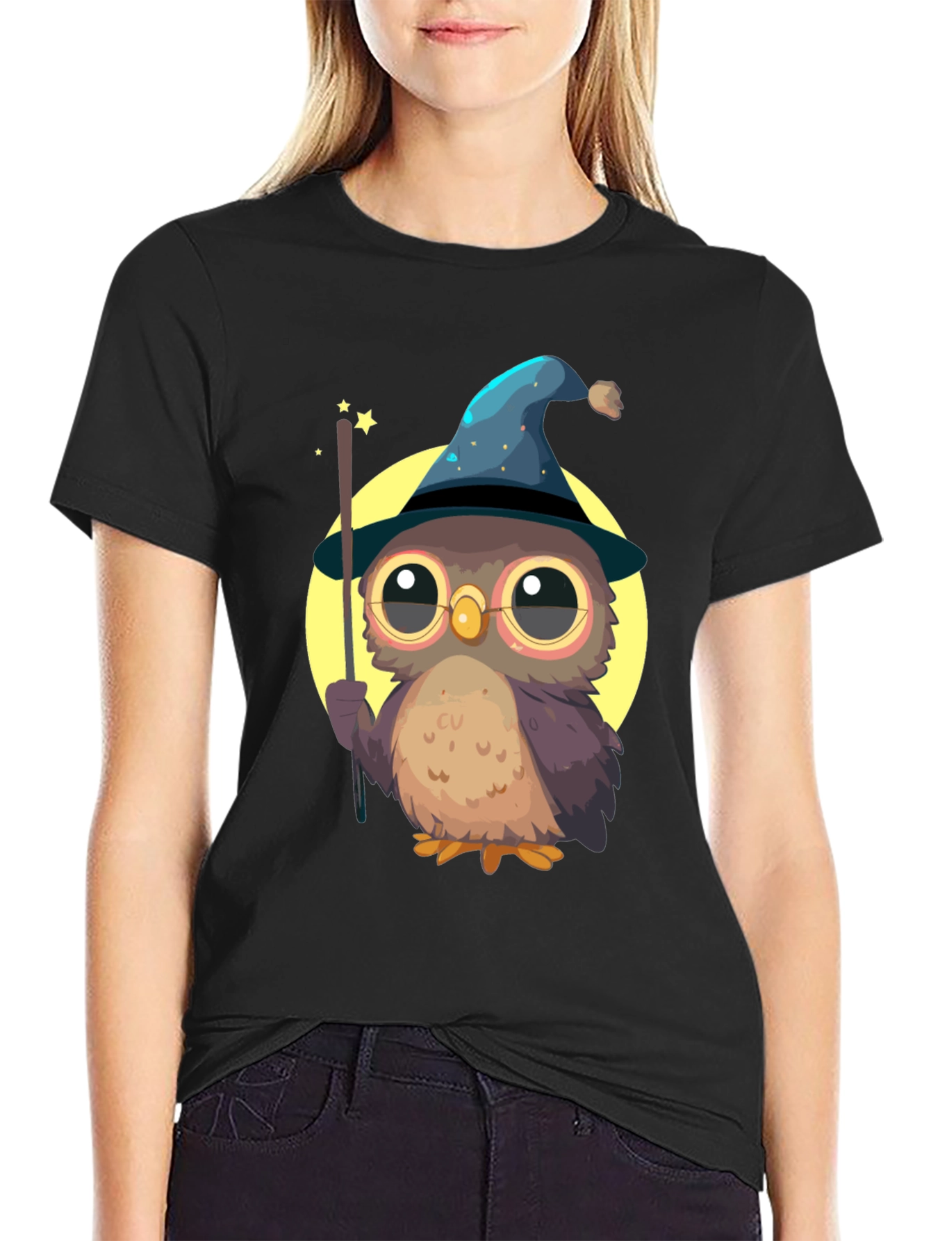 Black Wizard Owl T-Shirt - Cute & Quirky Tee for Magic Lovers view 2