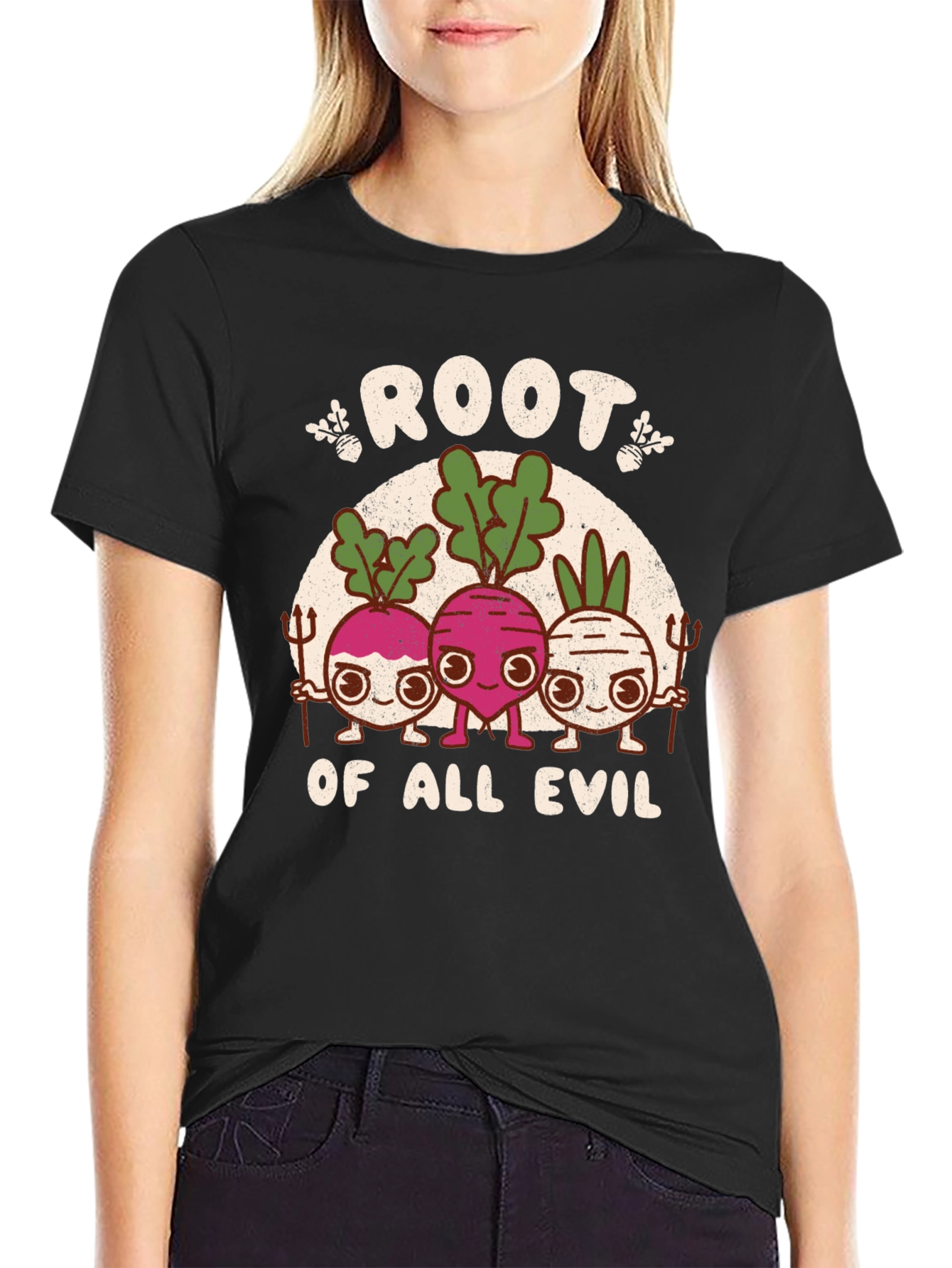 Black Root of All Evil Graphic T-Shirt - Funny Vegetable Tee view 2