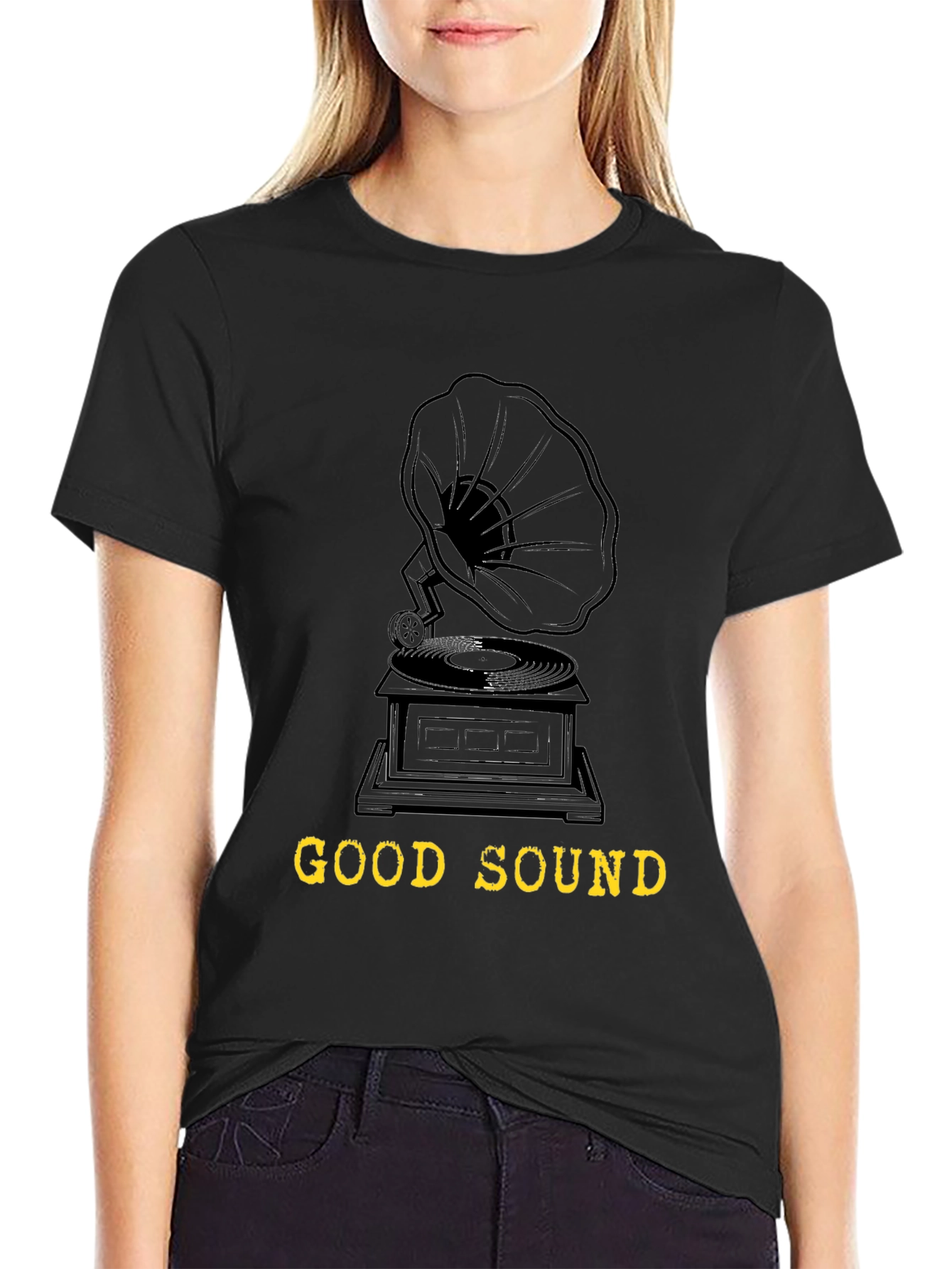 Black Vintage Gramophone "Good Sound" Black T-Shirt view 2