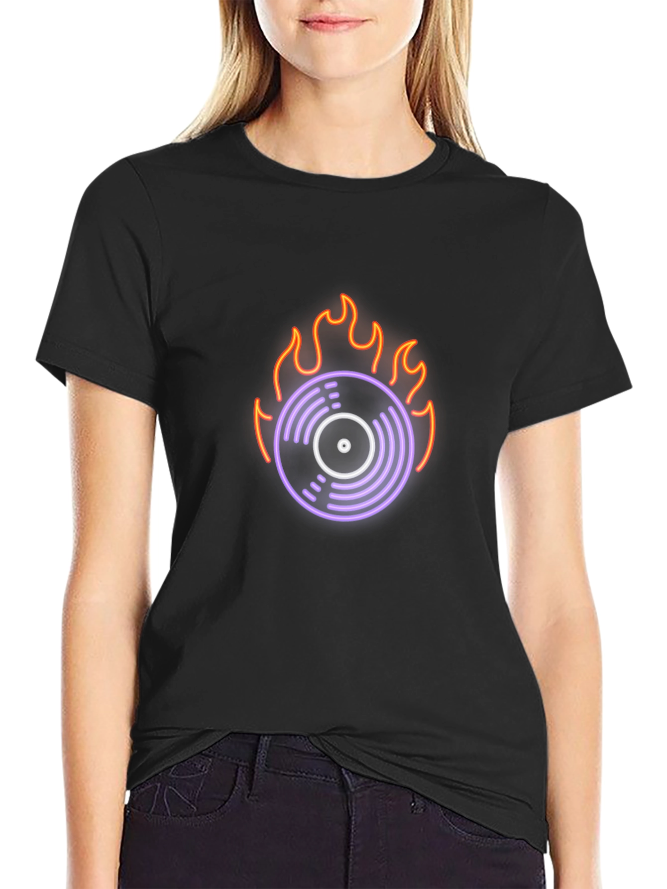 Black Fiery Vinyl Graphic Tee - Retro Music Lover Shirt view 2