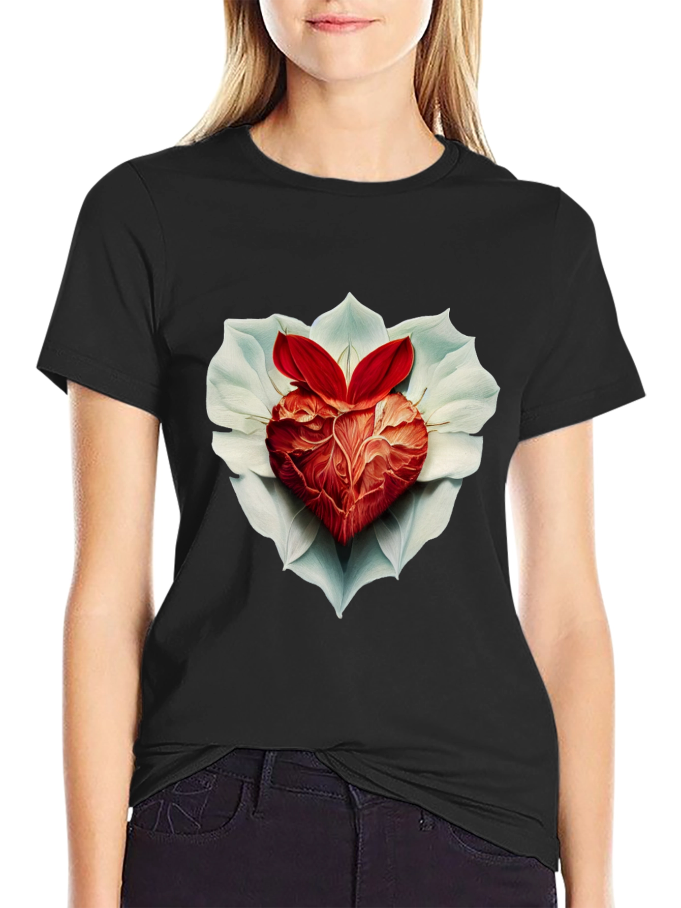 Black Anatomical Heart & Flower T-Shirt view 2