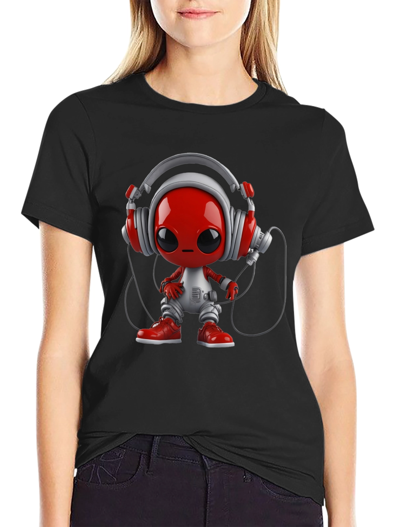 Black Stylish Black T-Shirt with Alien DJ Graphic view 2