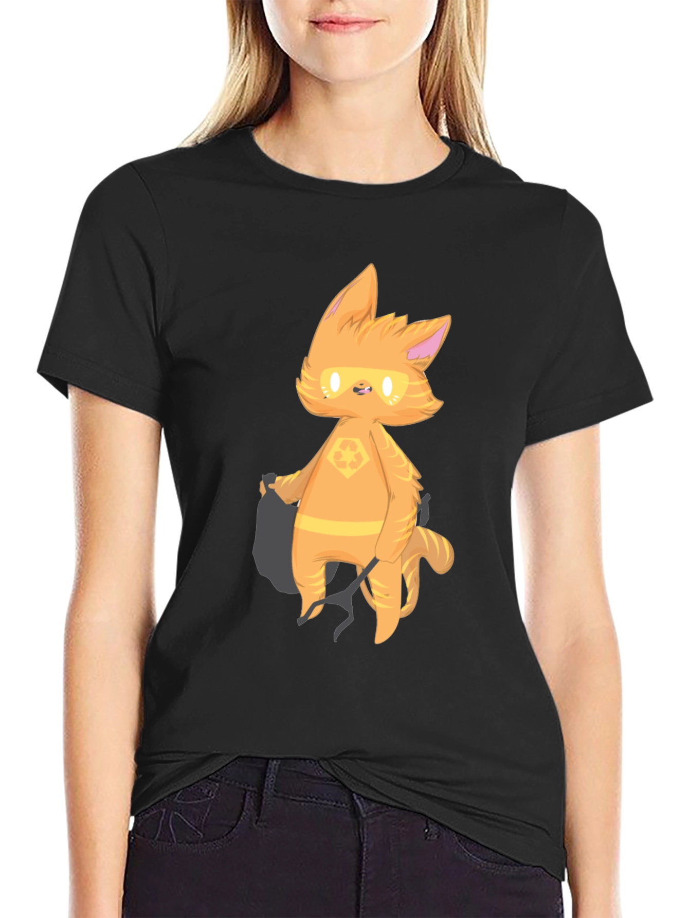 Black Cartoon Cat Graphic T-Shirt - Black view 2