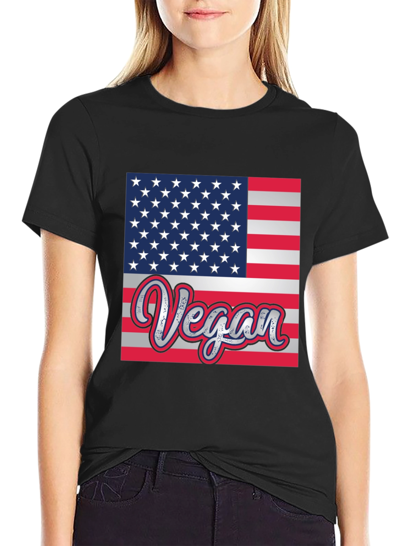 Black Vegan American Flag Graphic T-Shirt view 2
