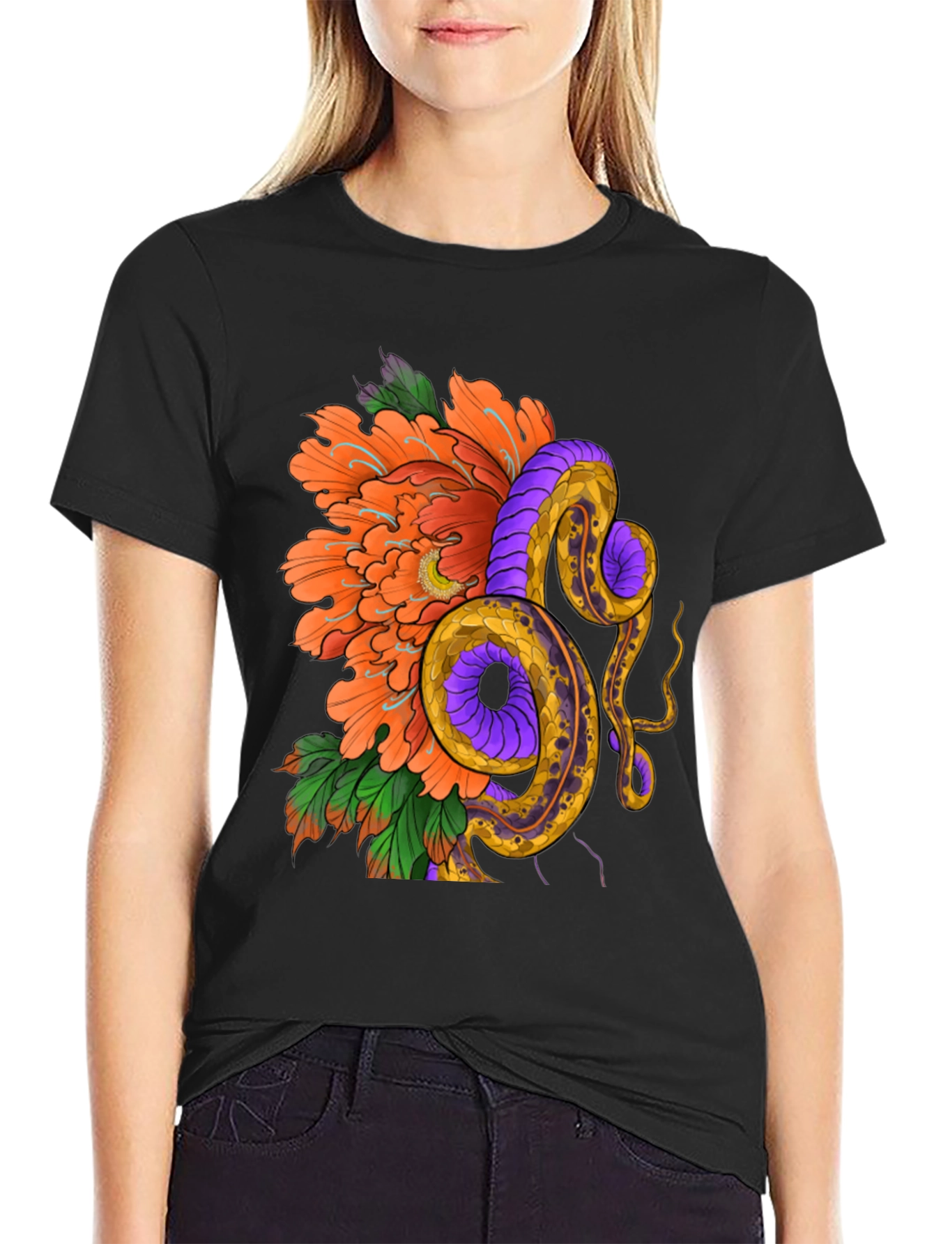 Black Floral Snake Graphic T-Shirt view 2
