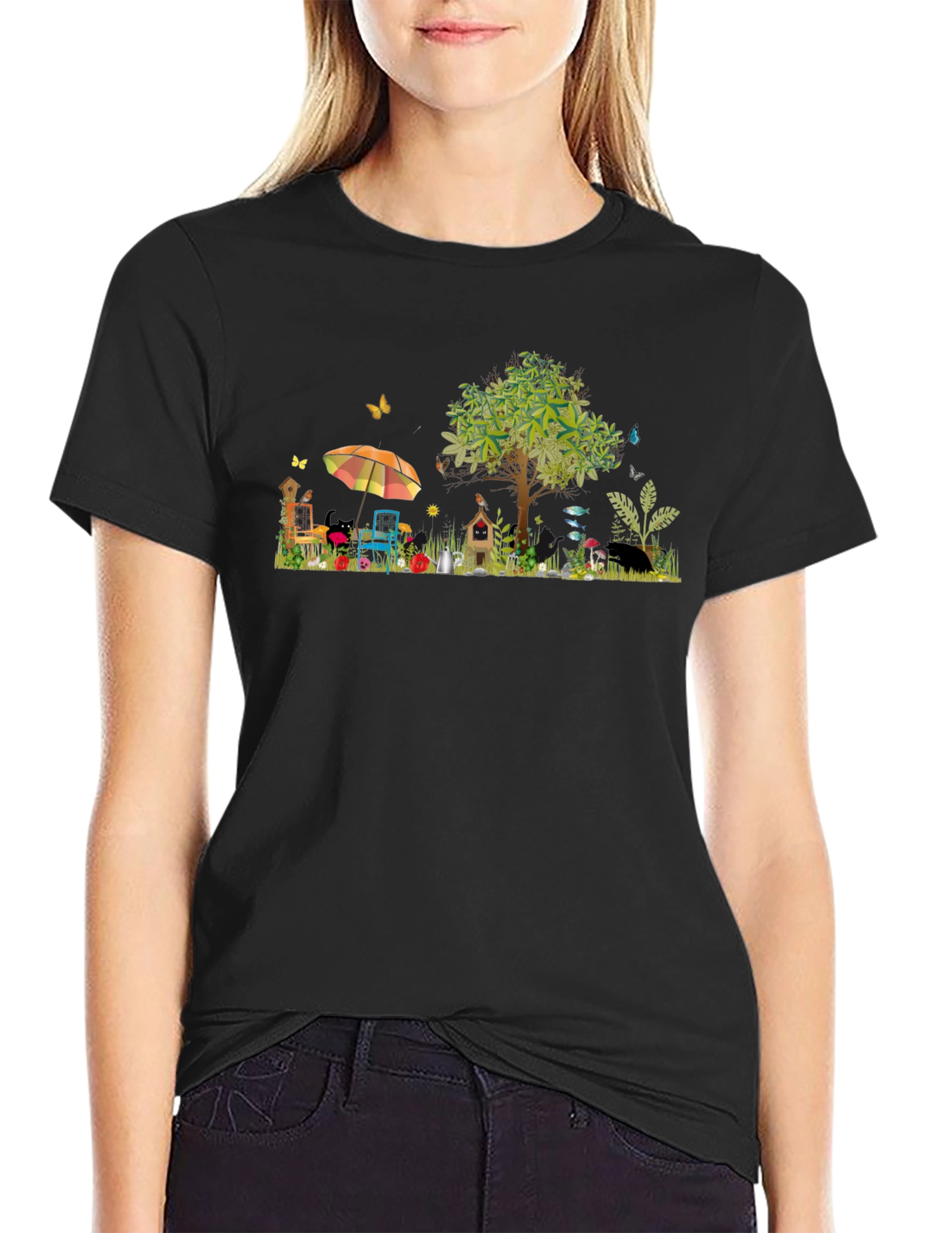 Black Whimsical Garden Scene Graphic T-Shirt view 2