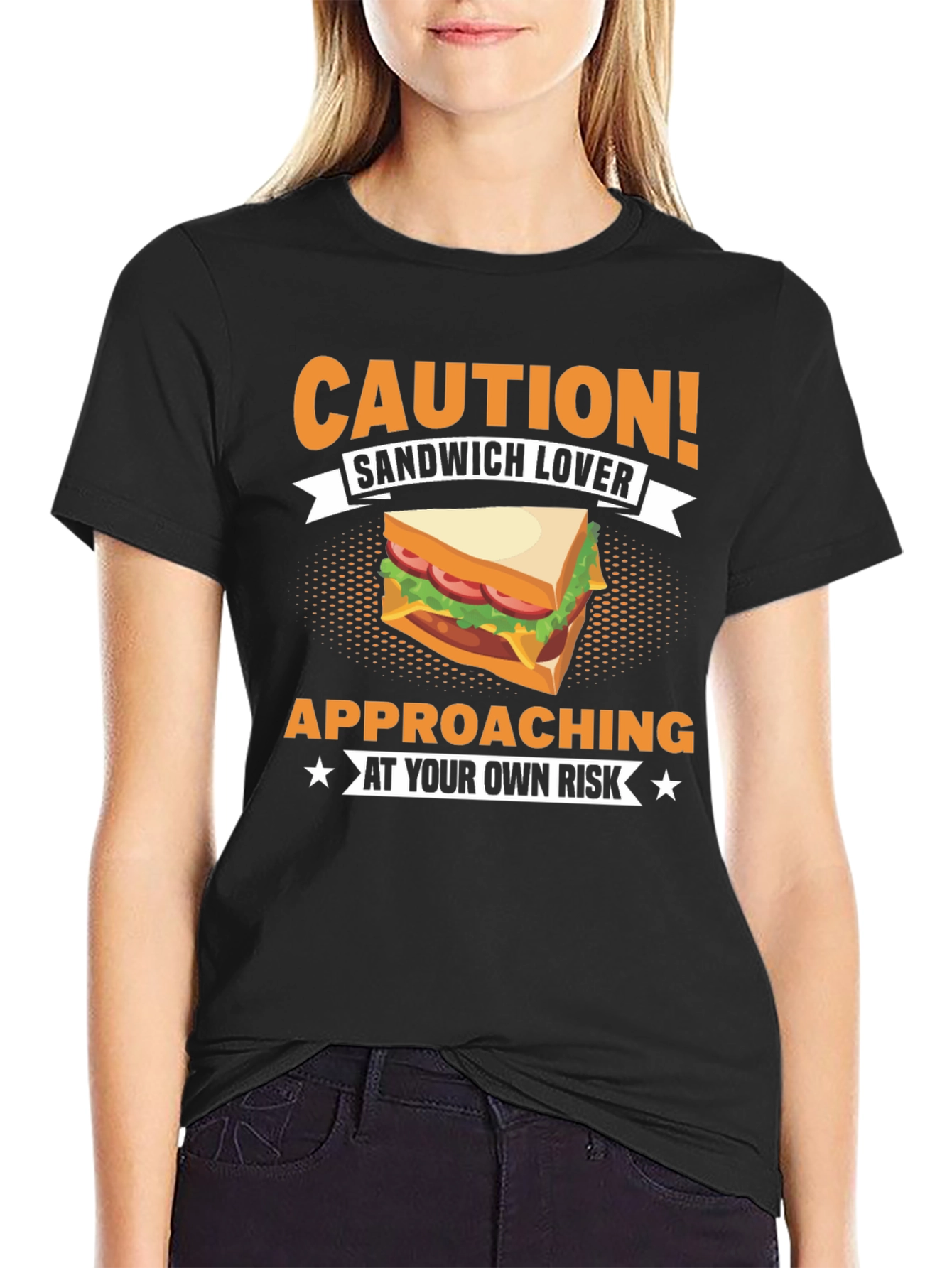 Black Sandwich Lover T-Shirt - Caution Approaching Funny Foodie Tee view 2