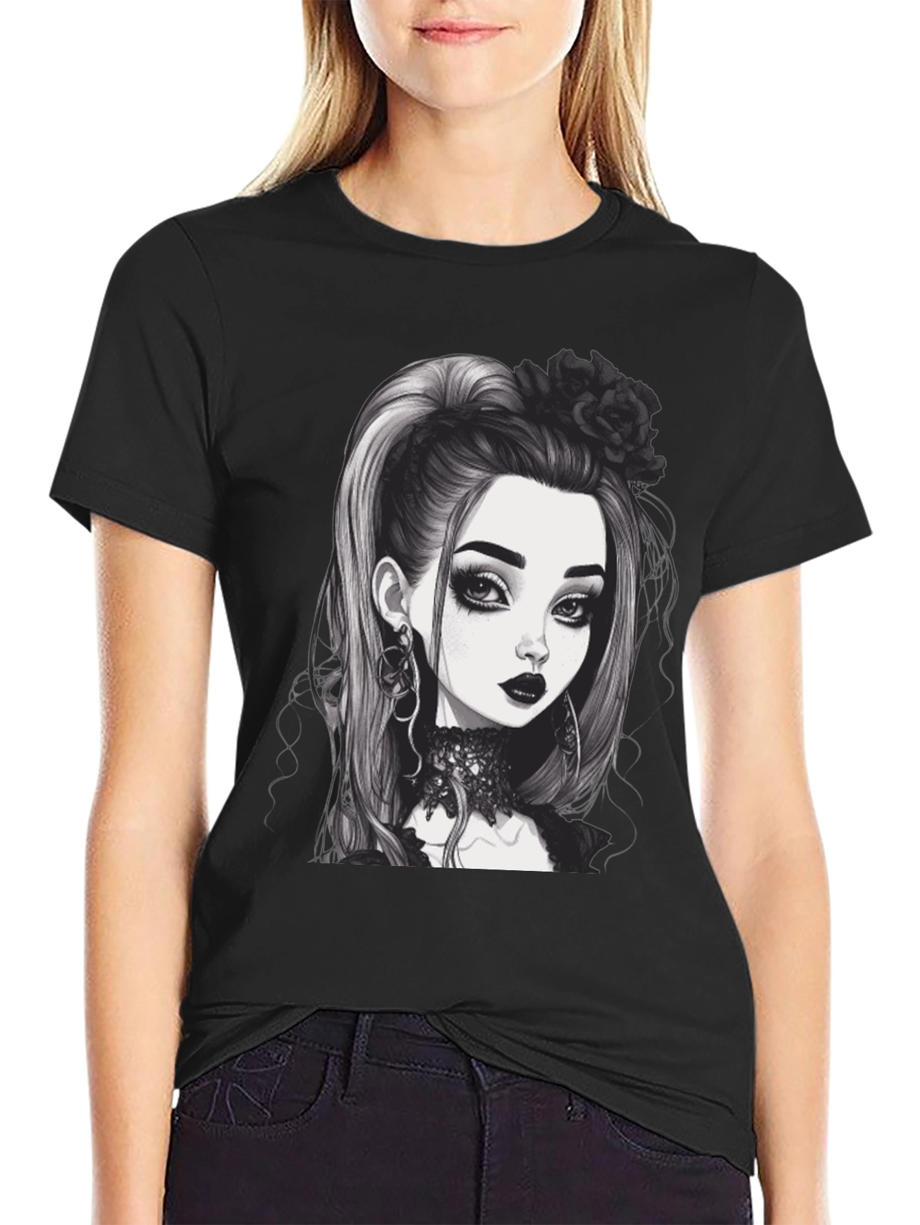 Black Gothic Girl Graphic Tee - Black Cotton T-Shirt view 2