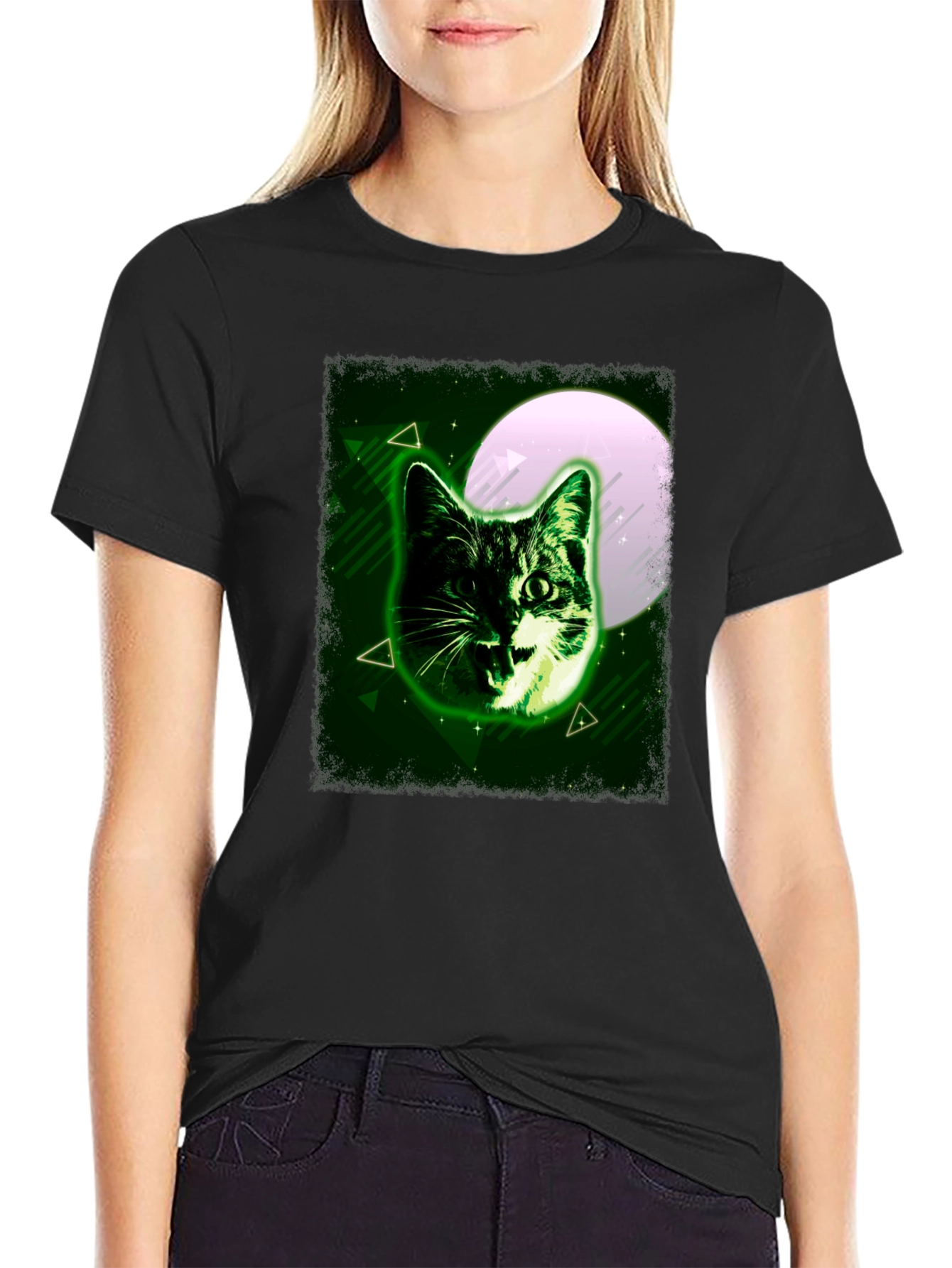 Black Green Cat Graphic Tee - Moonlit Feline Design view 2