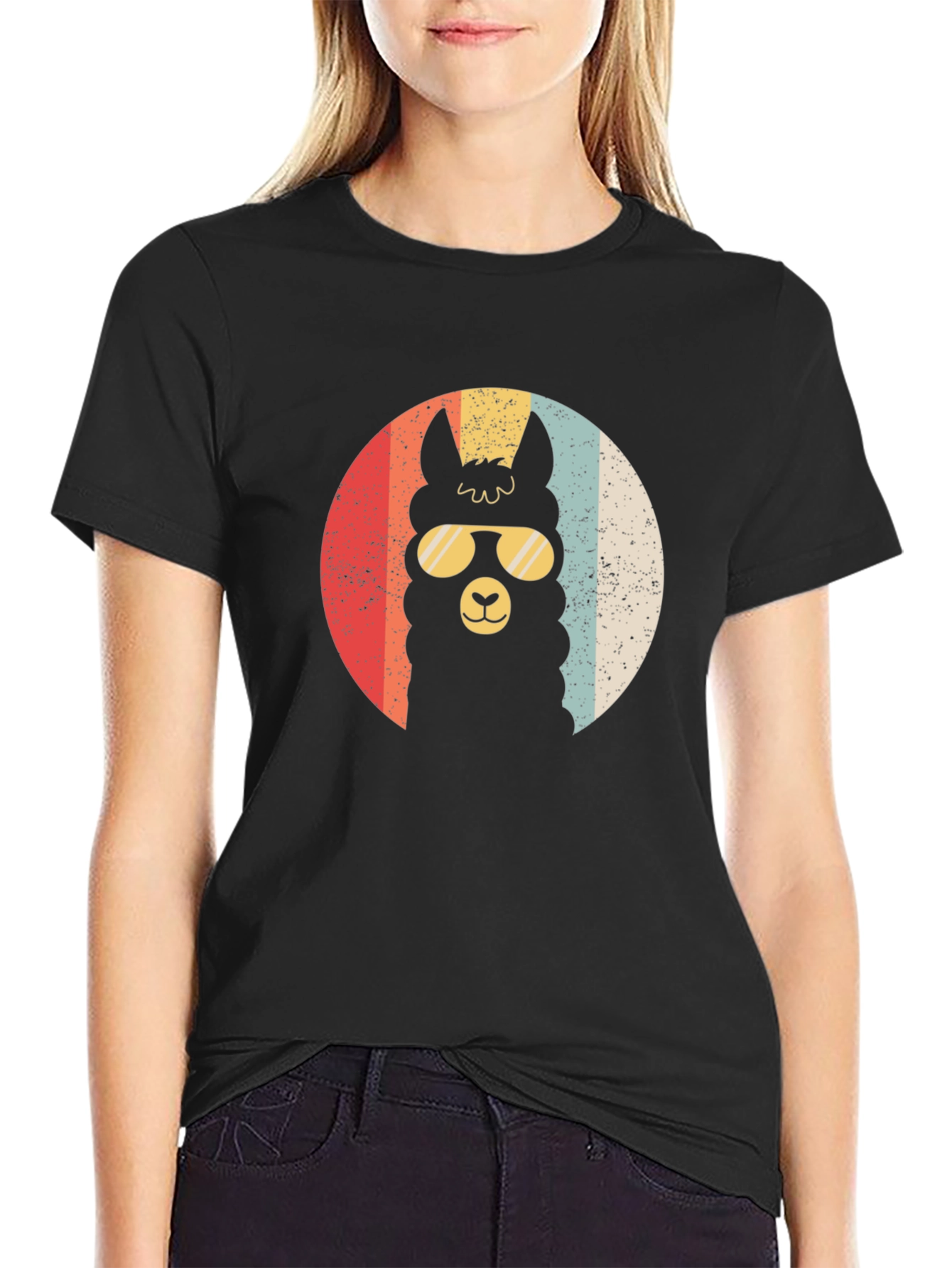 Black Retro Llama T-Shirt - Cool Alpaca in Sunglasses view 2