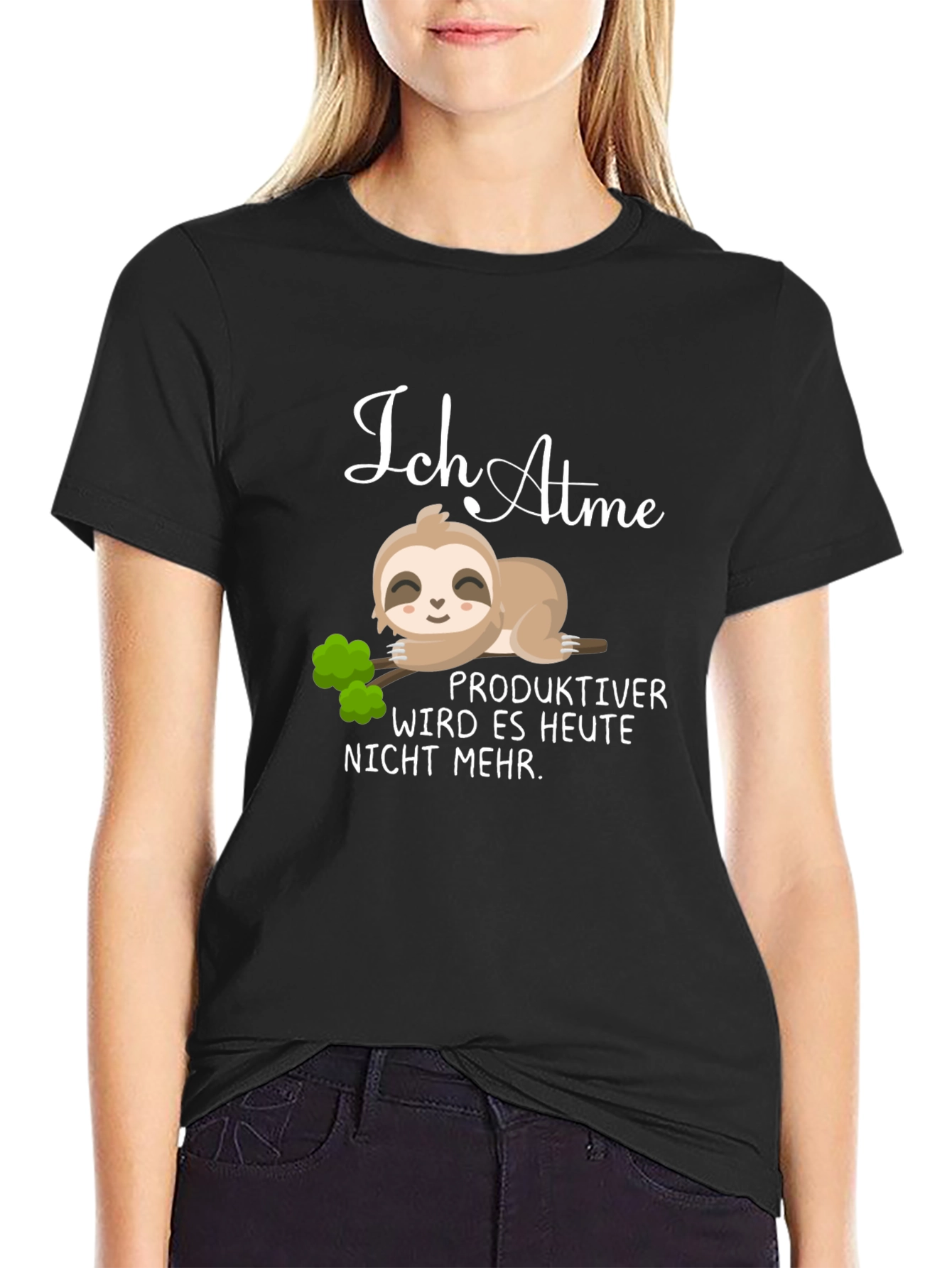 Black Funny Sloth Graphic T-Shirt - Ich Atme Design view 2