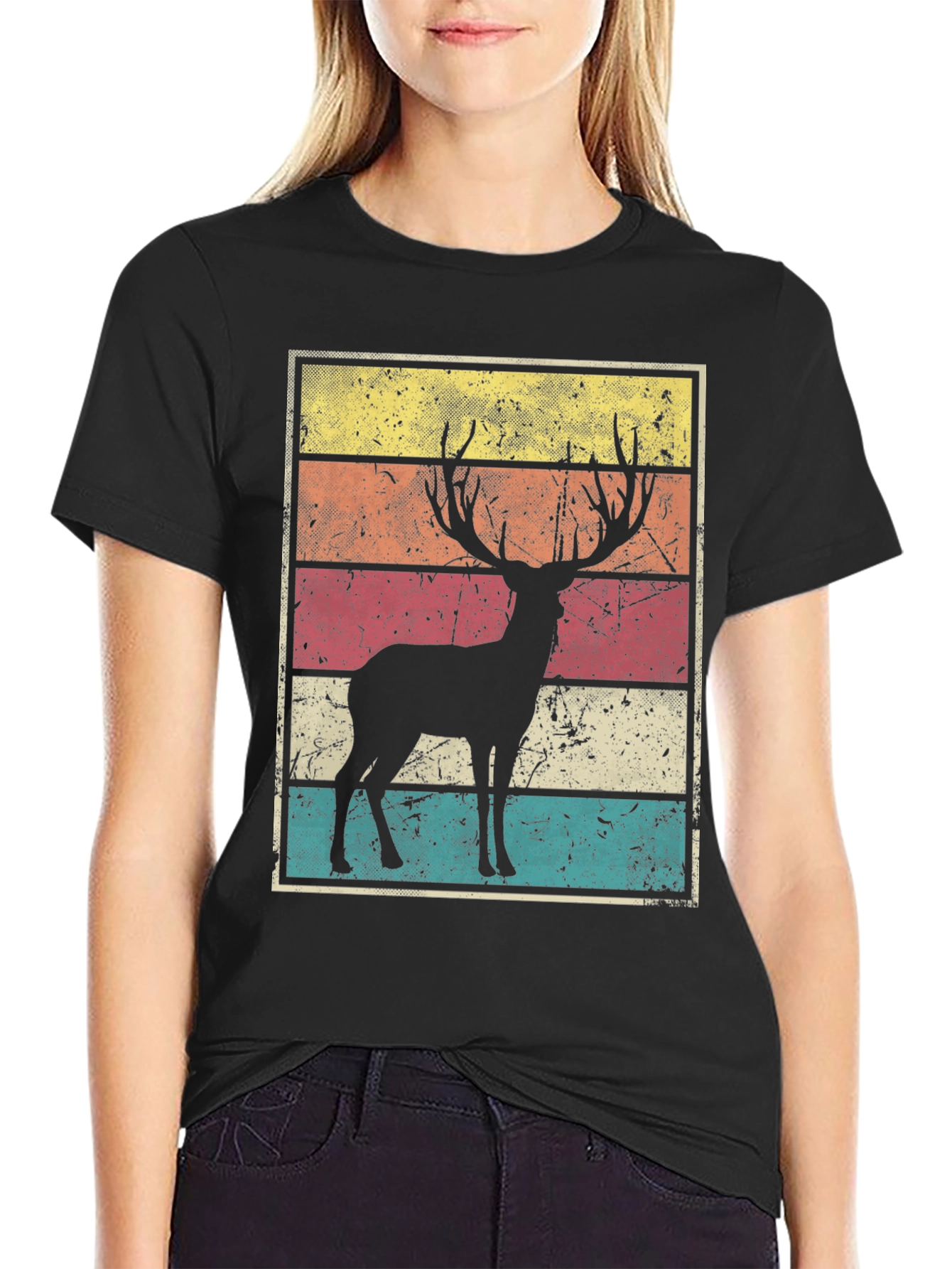 Black Retro Deer Graphic Tee - Vintage Style view 2