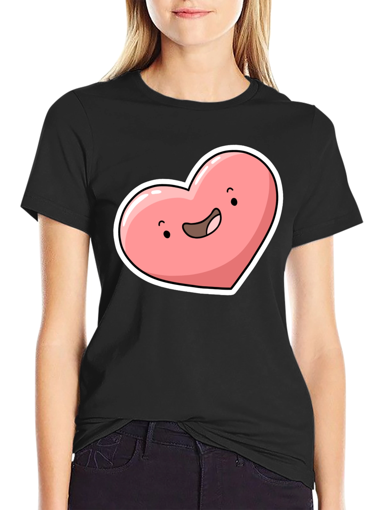 Black Cute Heart Character Graphic Tee - Black view 2