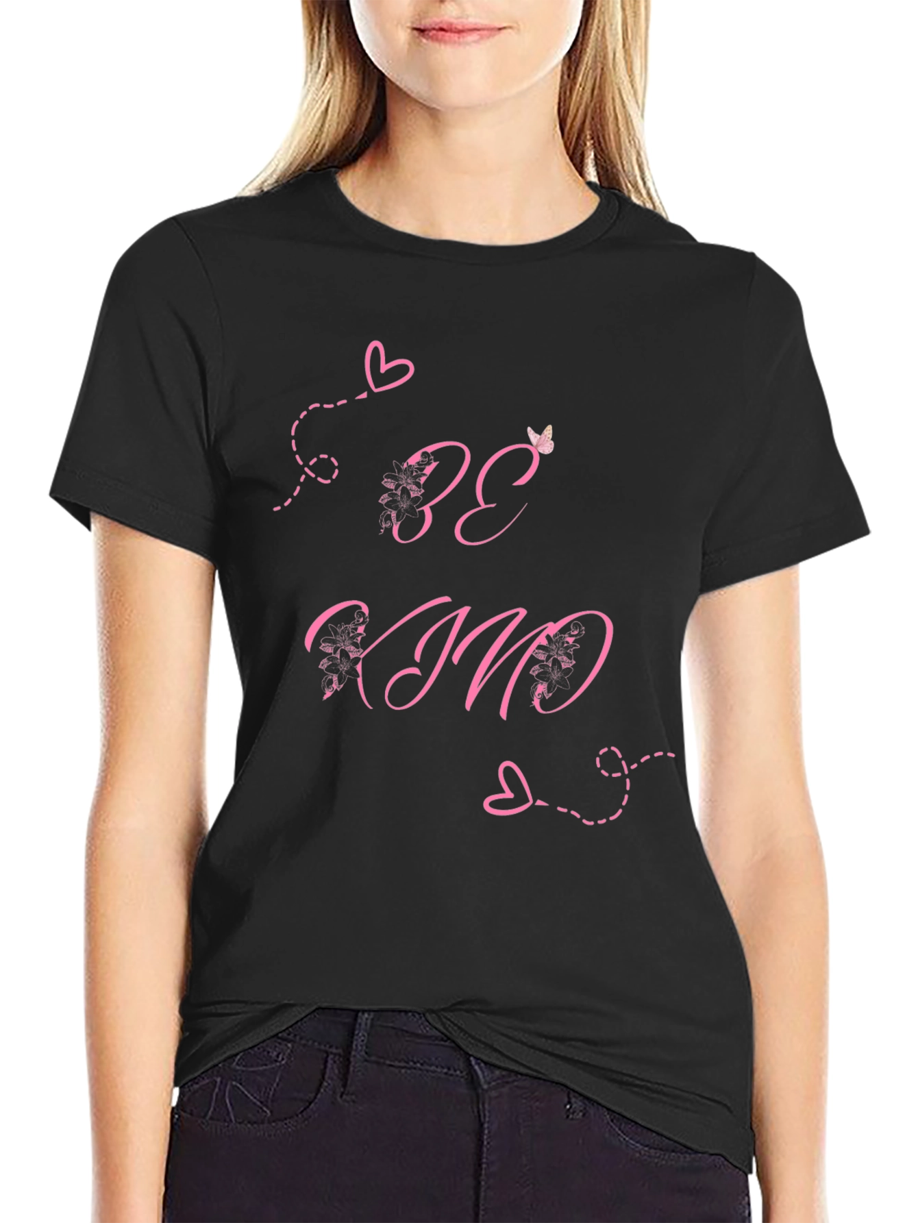 Black Be Kind Black T-Shirt with Pink Heart Details view 2