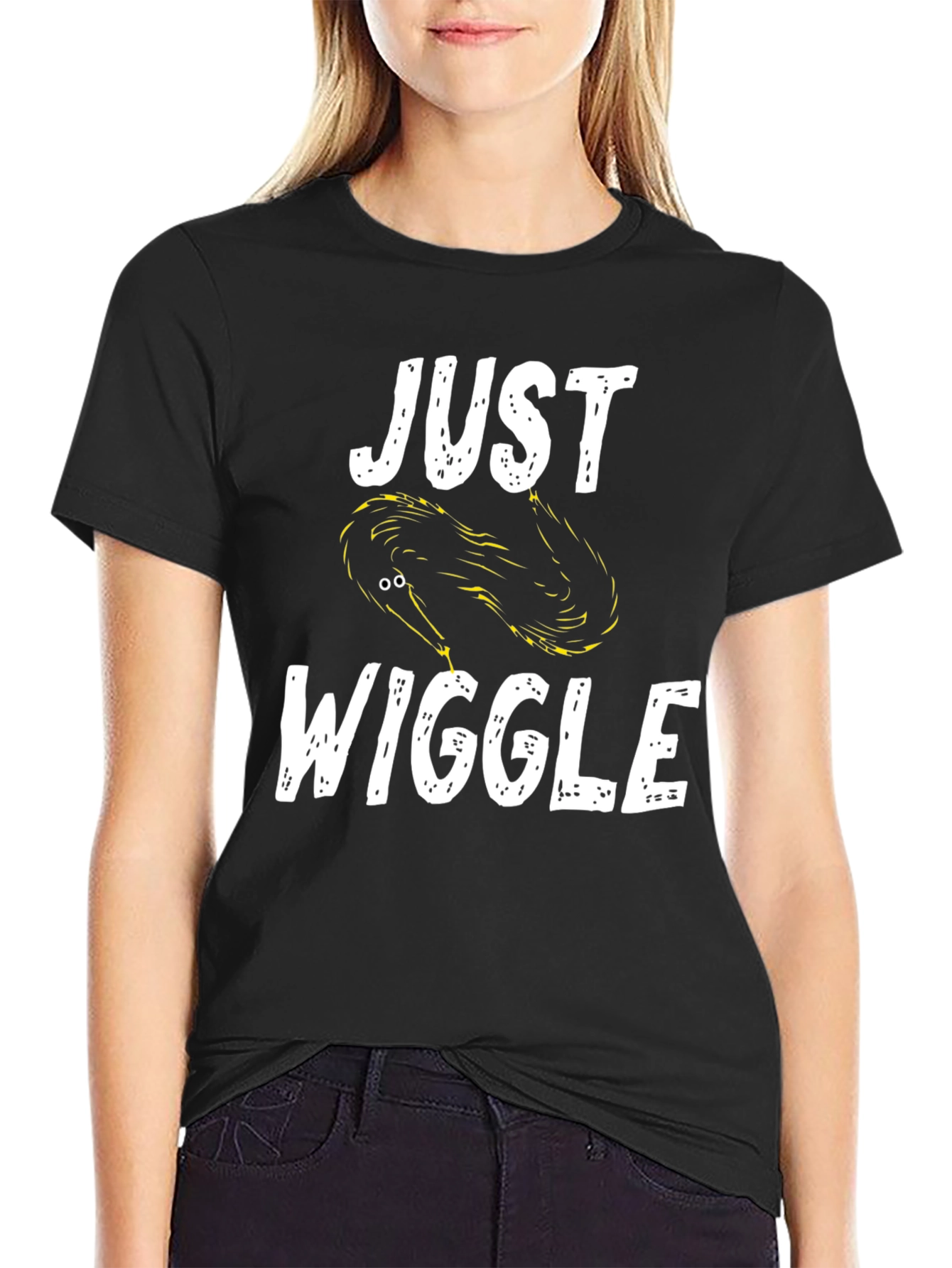 Black Just Wiggle T-Shirt - Funny Worm Design view 2