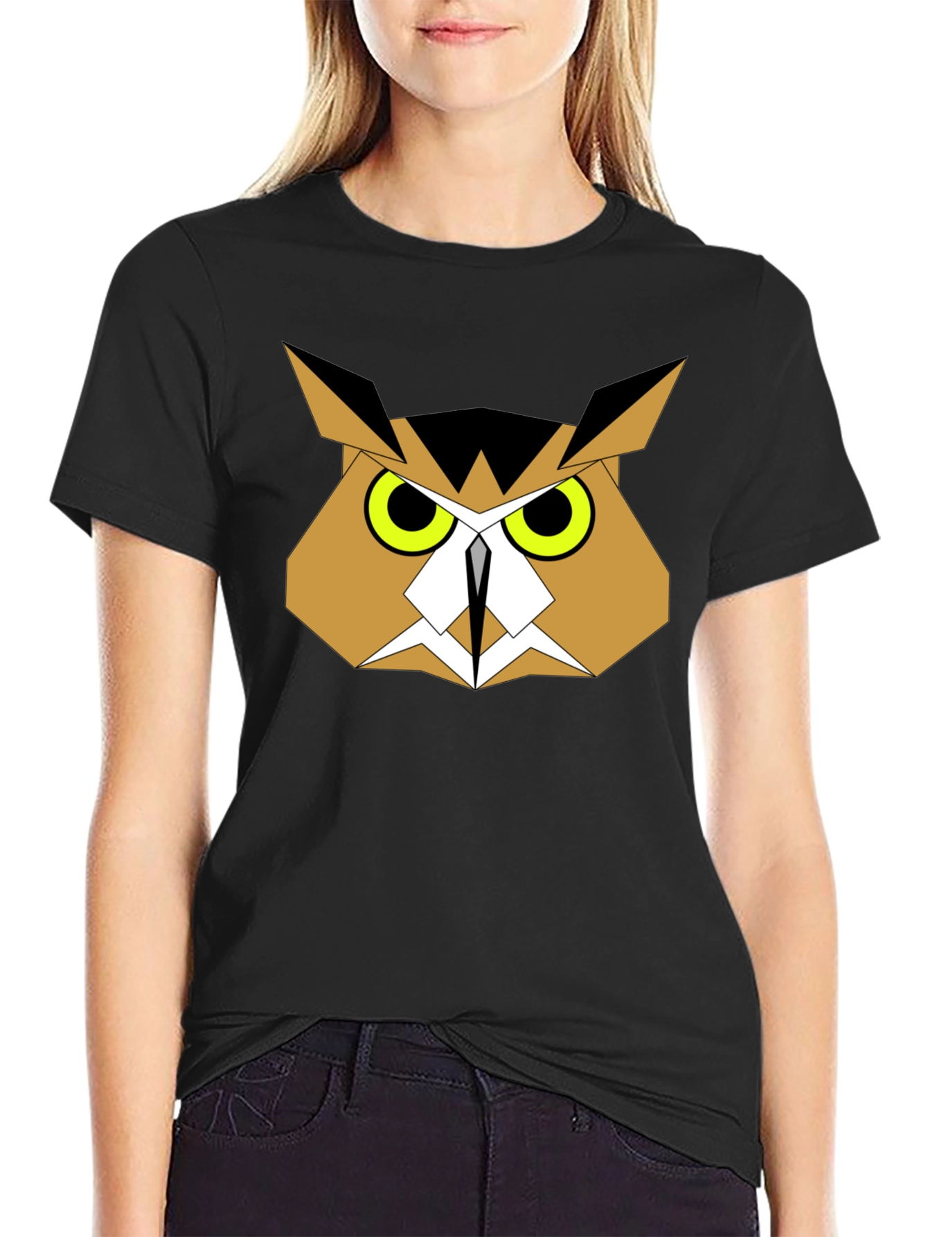 Black Geometric Owl Graphic Tee - Black Cotton view 2