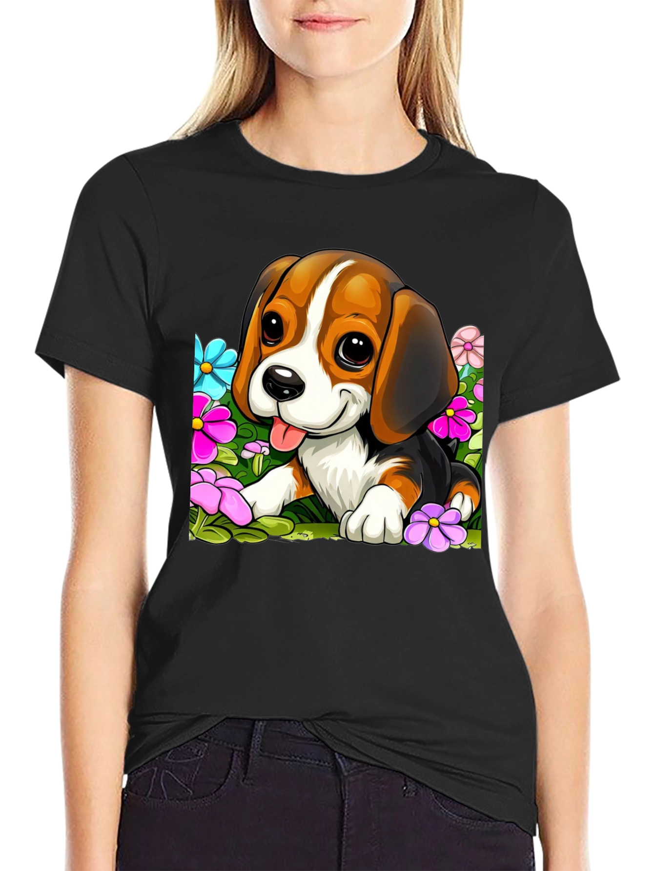 Black Cute Beagle Puppy in Flowers Black T-Shirt view 2