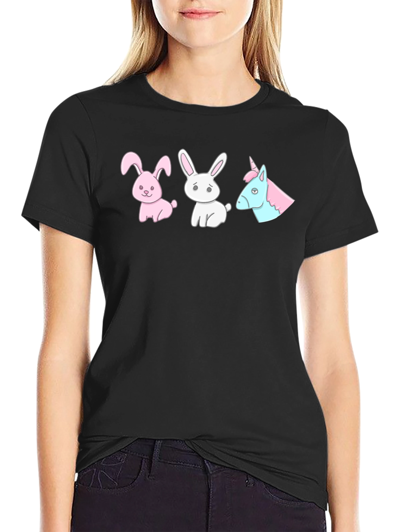 Black Novelty Cartoon Bunny & Unicorn Print Black T-Shirt view 2