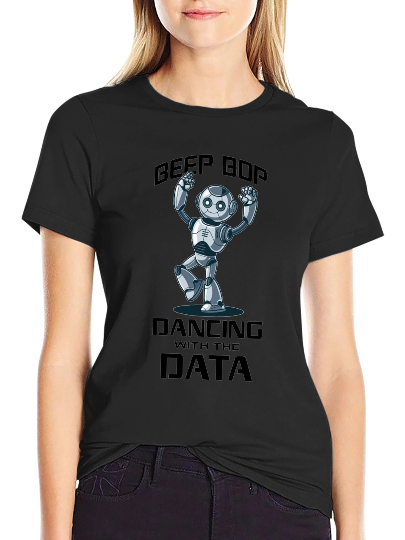 Black Data Dancing Robot T-Shirt - Beep Boop Fun! view 2