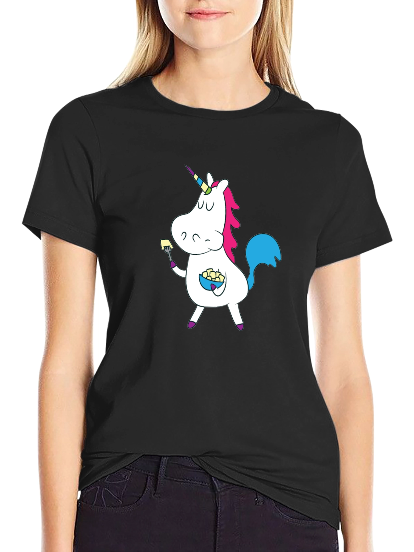 Black Unicorn Eating T-Shirt - Fun Cartoon Graphic Tee view 2