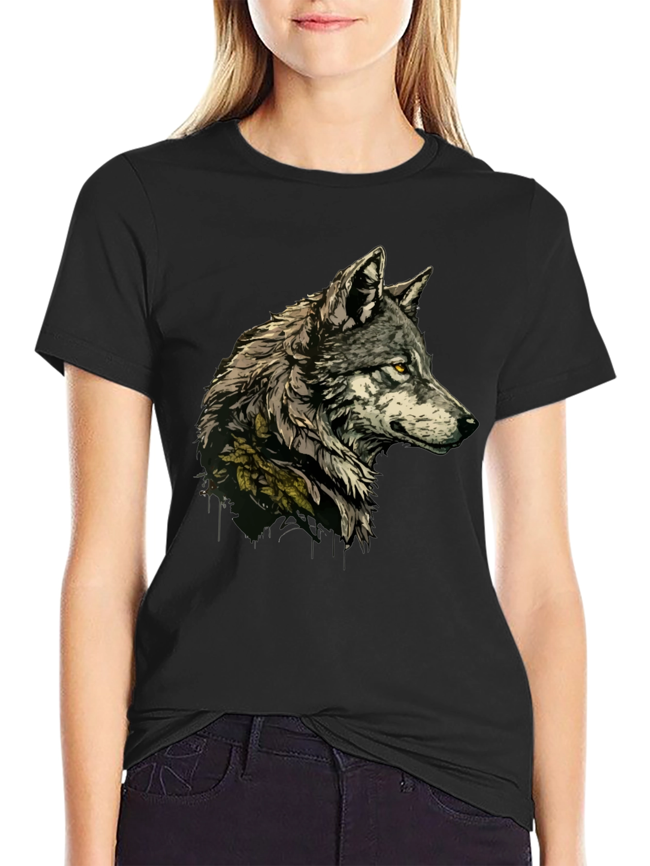 Black Wolf Graphic Print Black T-Shirt view 2