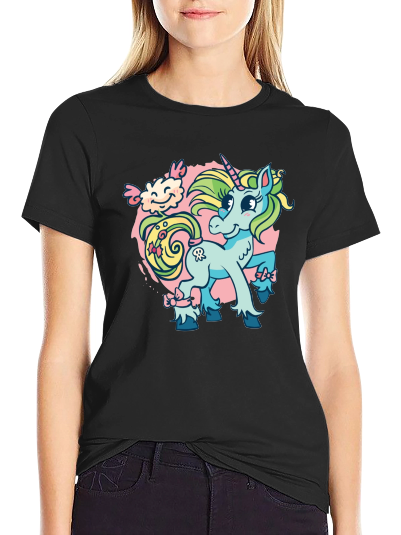Black Unicorn Cartoon Graphic T-Shirt view 2